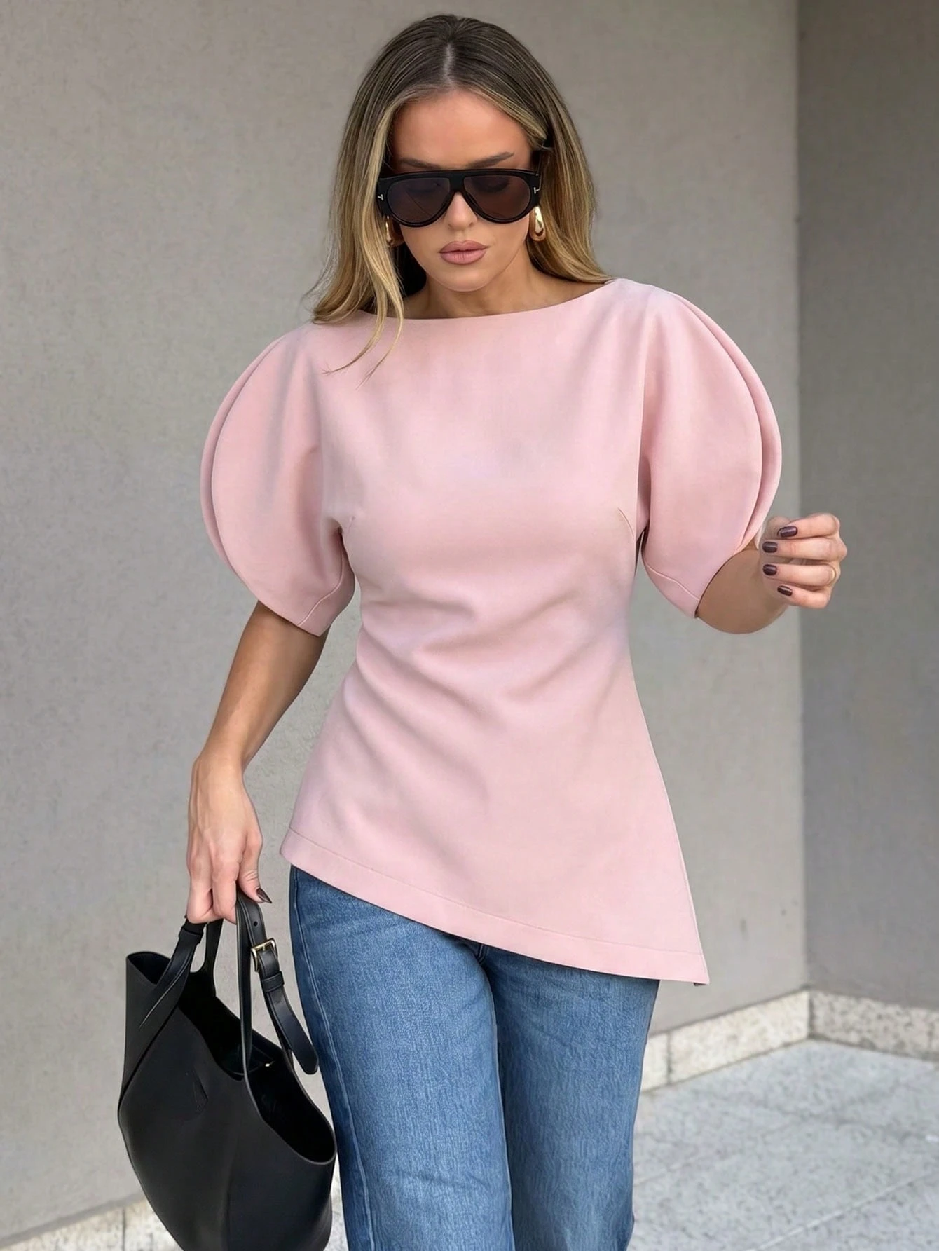 Blouse asymétrique pour femmes avec manches bouffantes, chemise noire à col rond, nouveau — vue 7