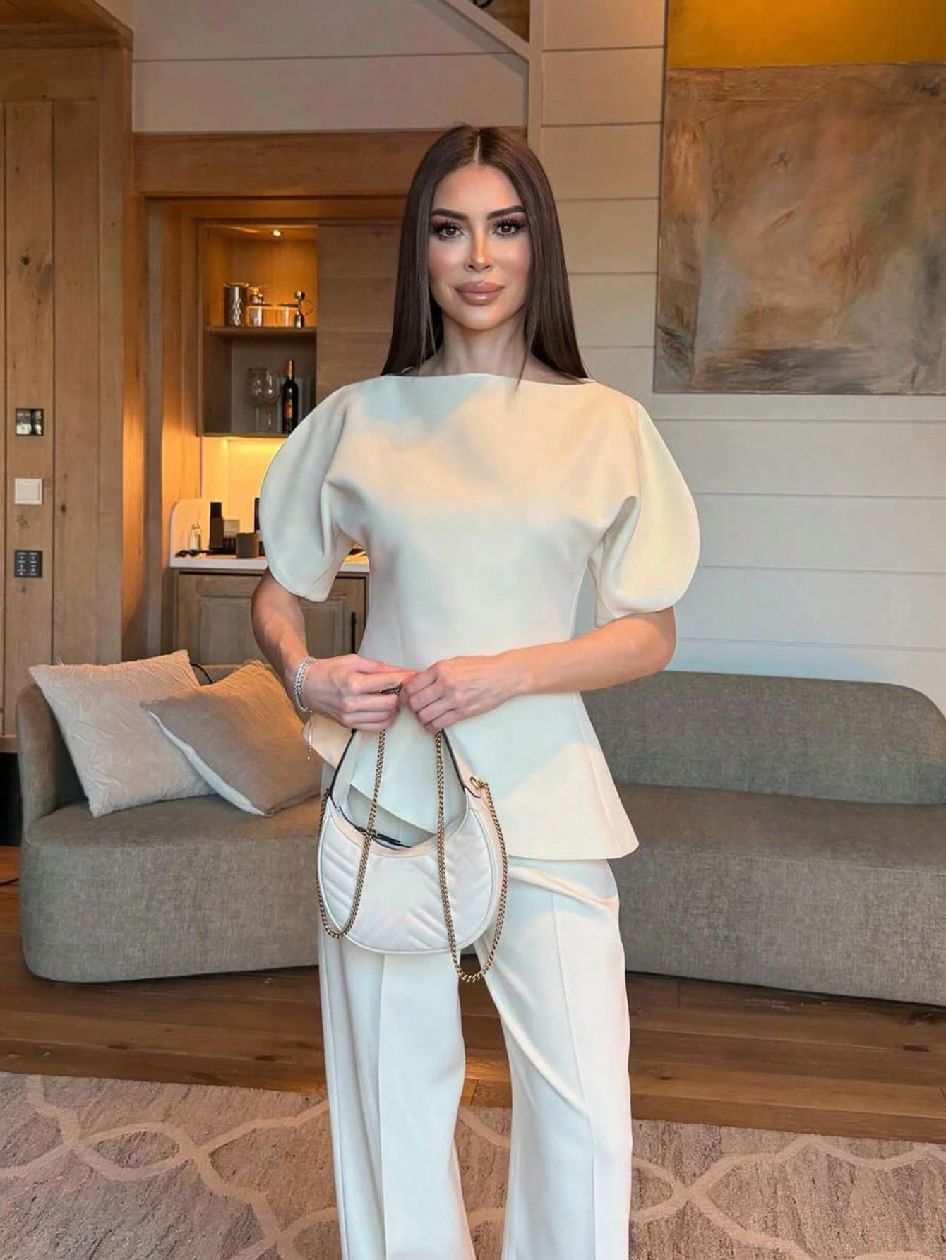 Blouse asymétrique pour femmes avec manches bouffantes, chemise noire à col rond, nouveau — vue 11