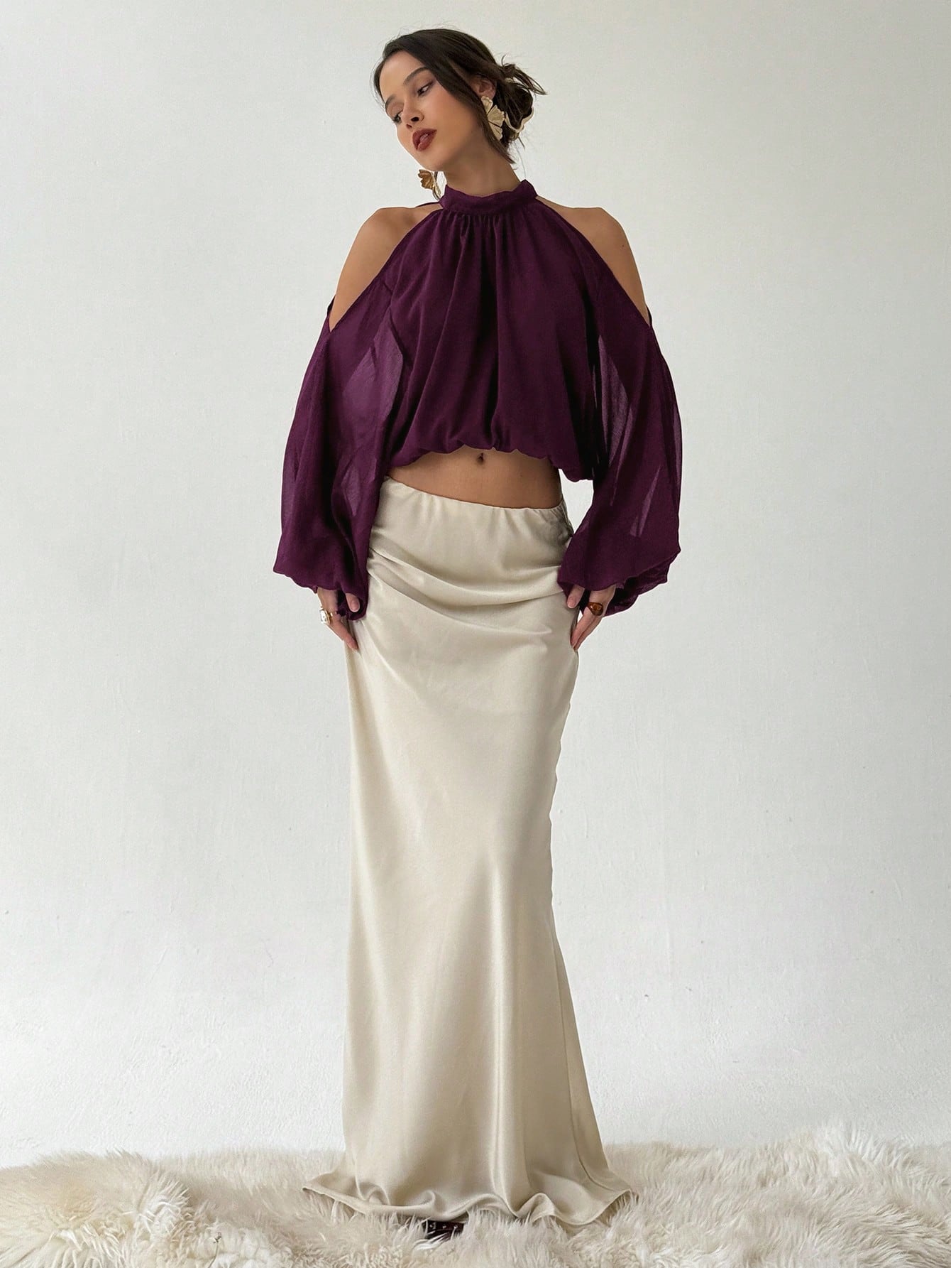 Aloruh Nouvelle blouse en satin pour femmes, manches longues, couleurs blanc laiteux et — vue 7