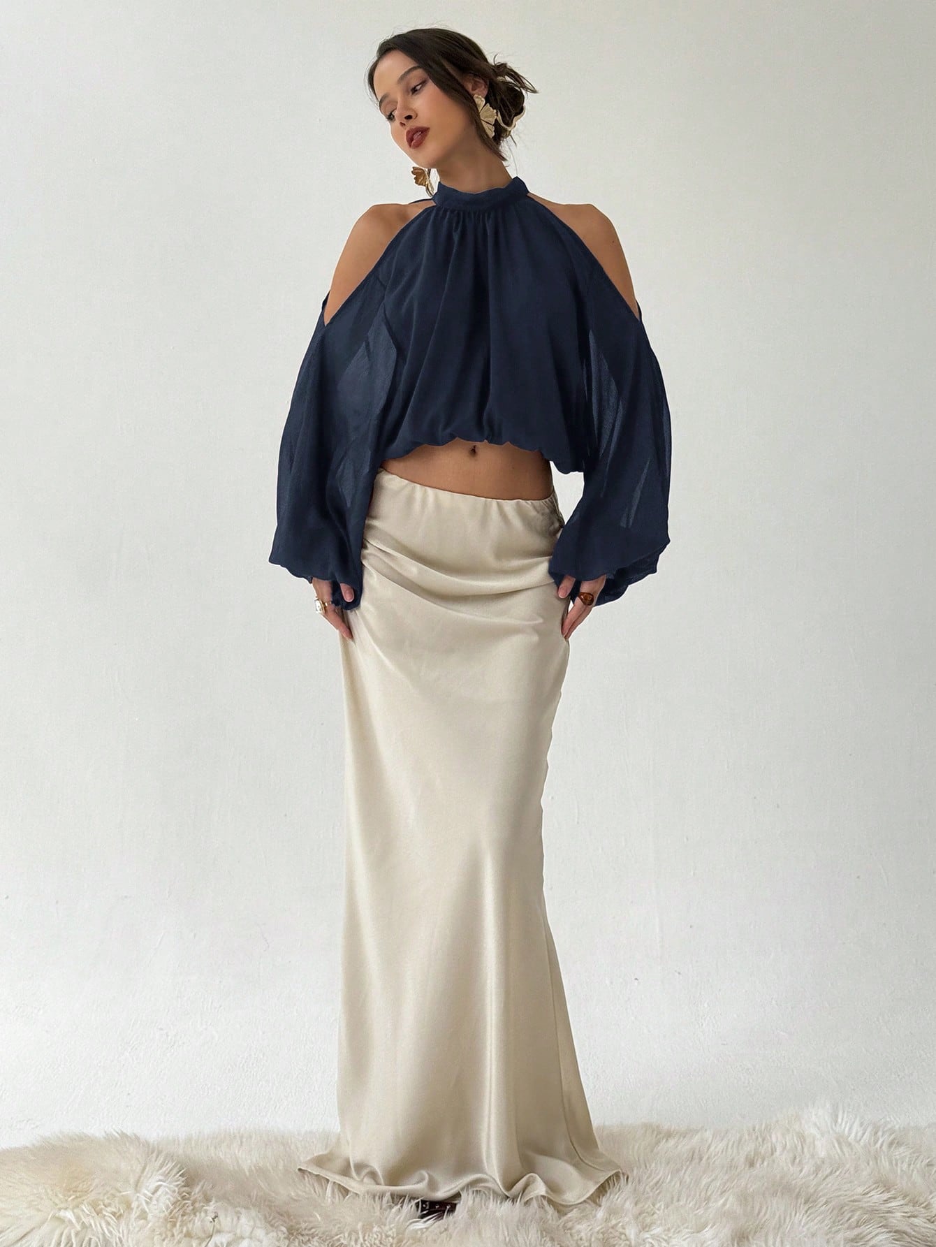 Aloruh Nouvelle blouse en satin pour femmes, manches longues, couleurs blanc laiteux et — vue 11