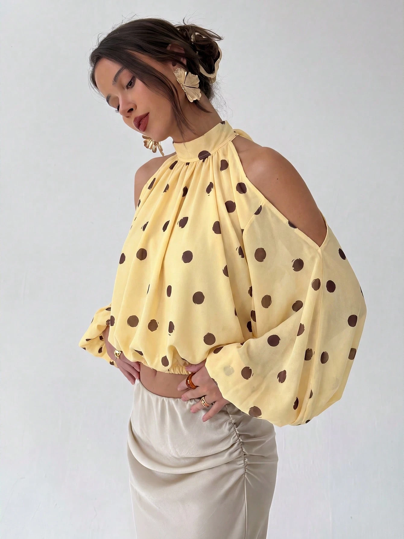 Aloruh Nouvelle blouse en satin pour femmes, manches longues, couleurs blanc laiteux et — vue 12