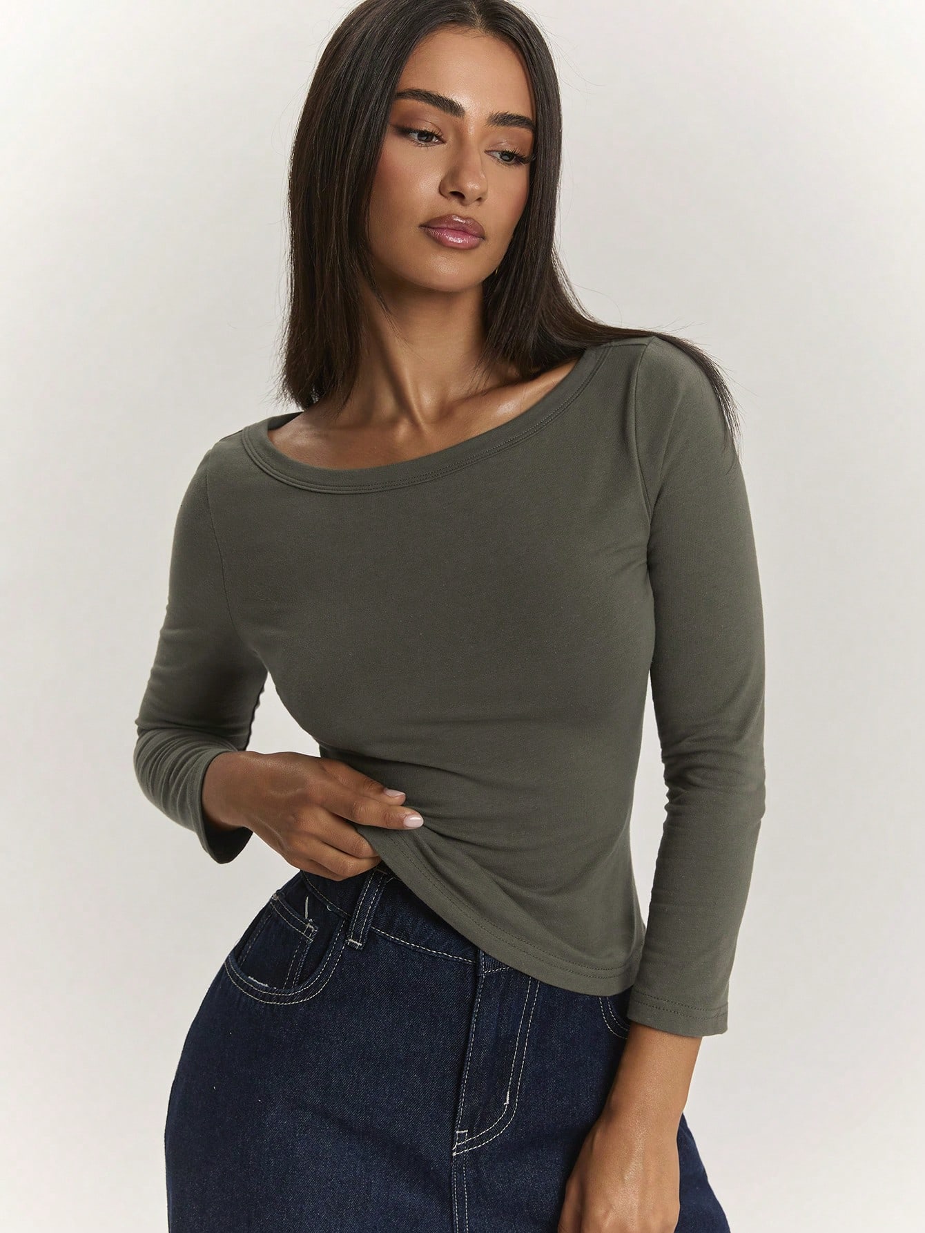 Top élégant et décontracté pour femme, vert armée vert olive, coupe slim, col — vue 4