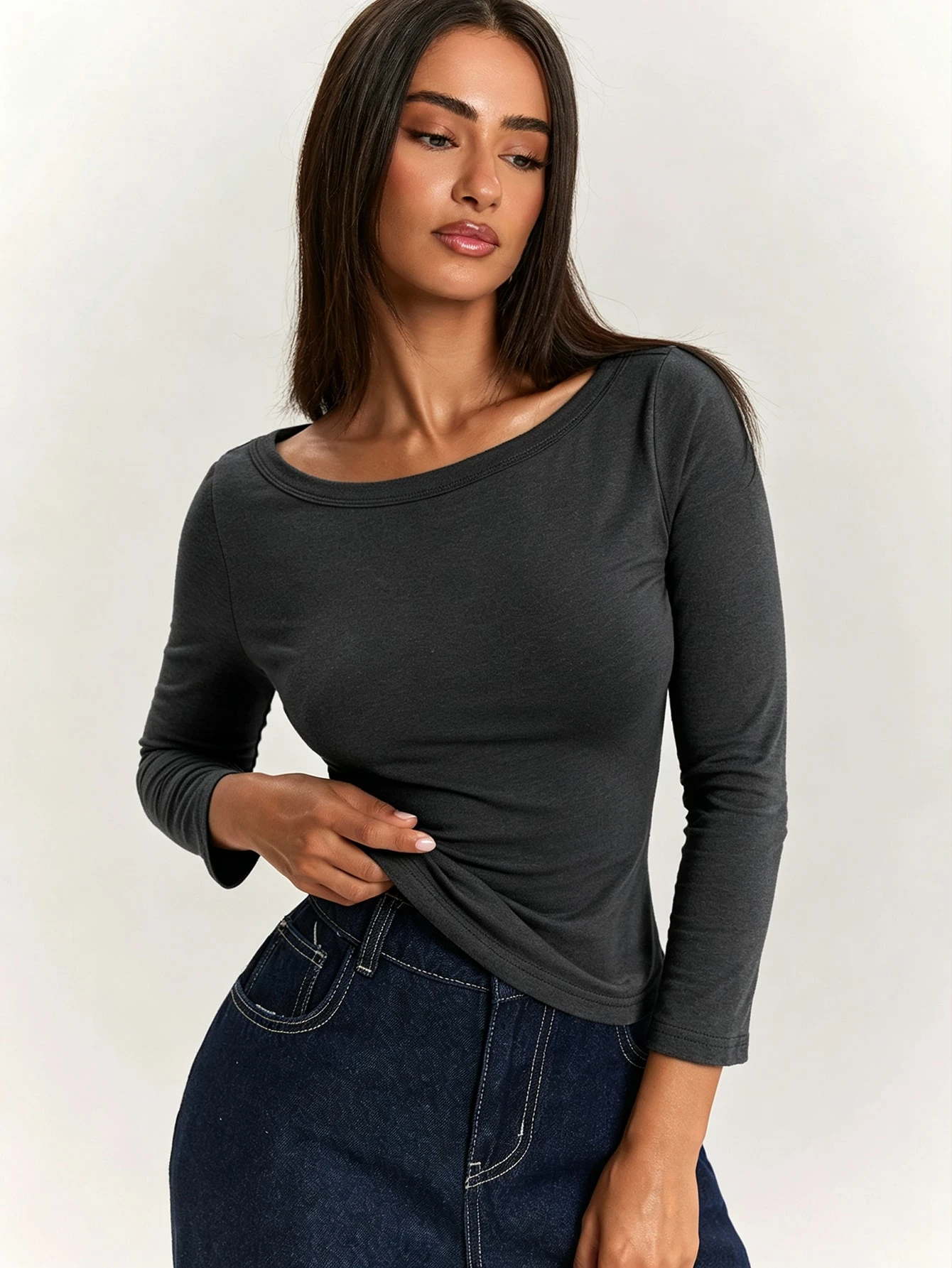 Top élégant et décontracté pour femme, vert armée vert olive, coupe slim, col — vue 13