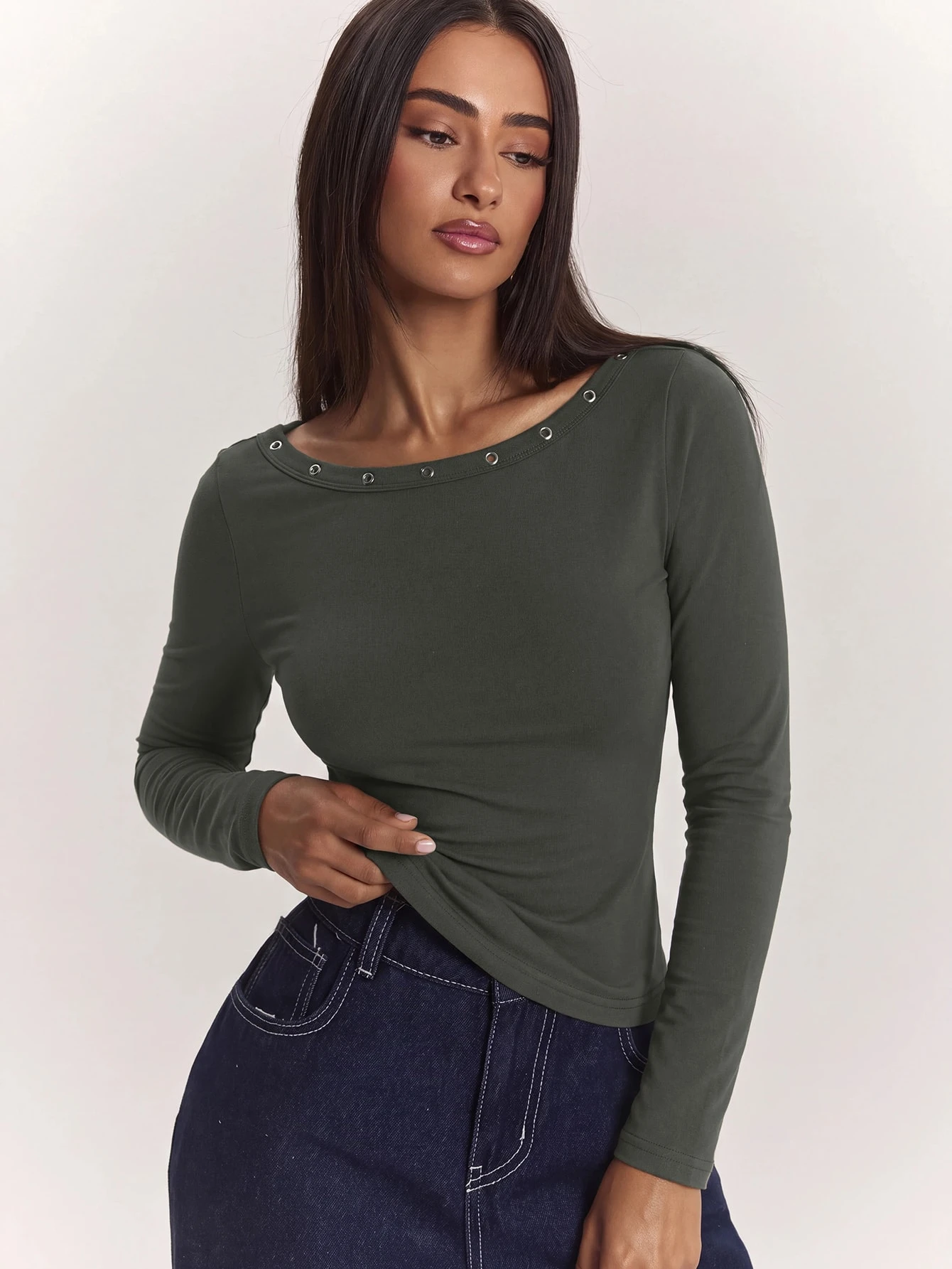 Top élégant et décontracté pour femme, vert armée vert olive, coupe slim, col — vue 20