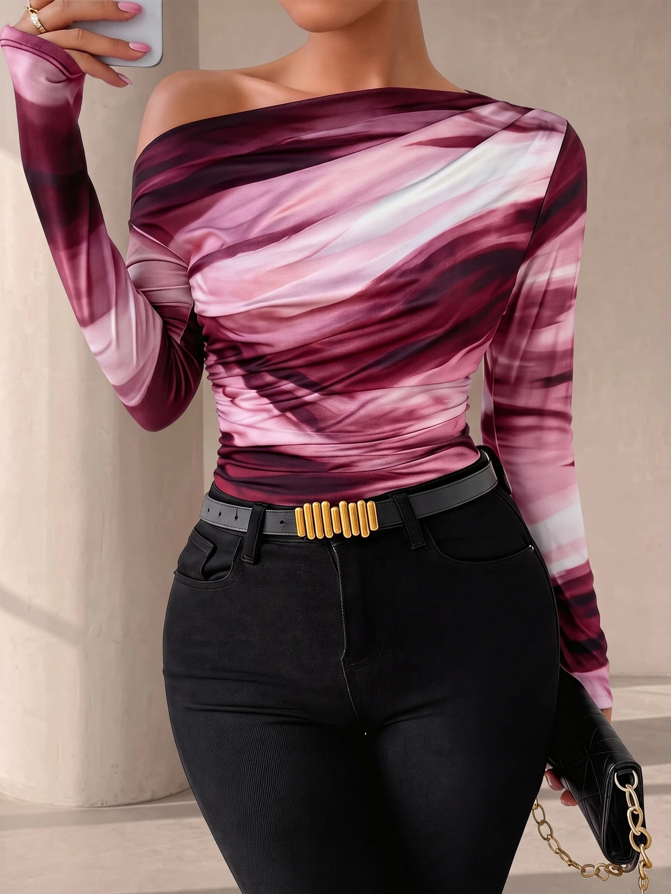 Xyvia T-shirt à manches longues avec col asymétrique, imprimé dégradé de marbre et — vue 2