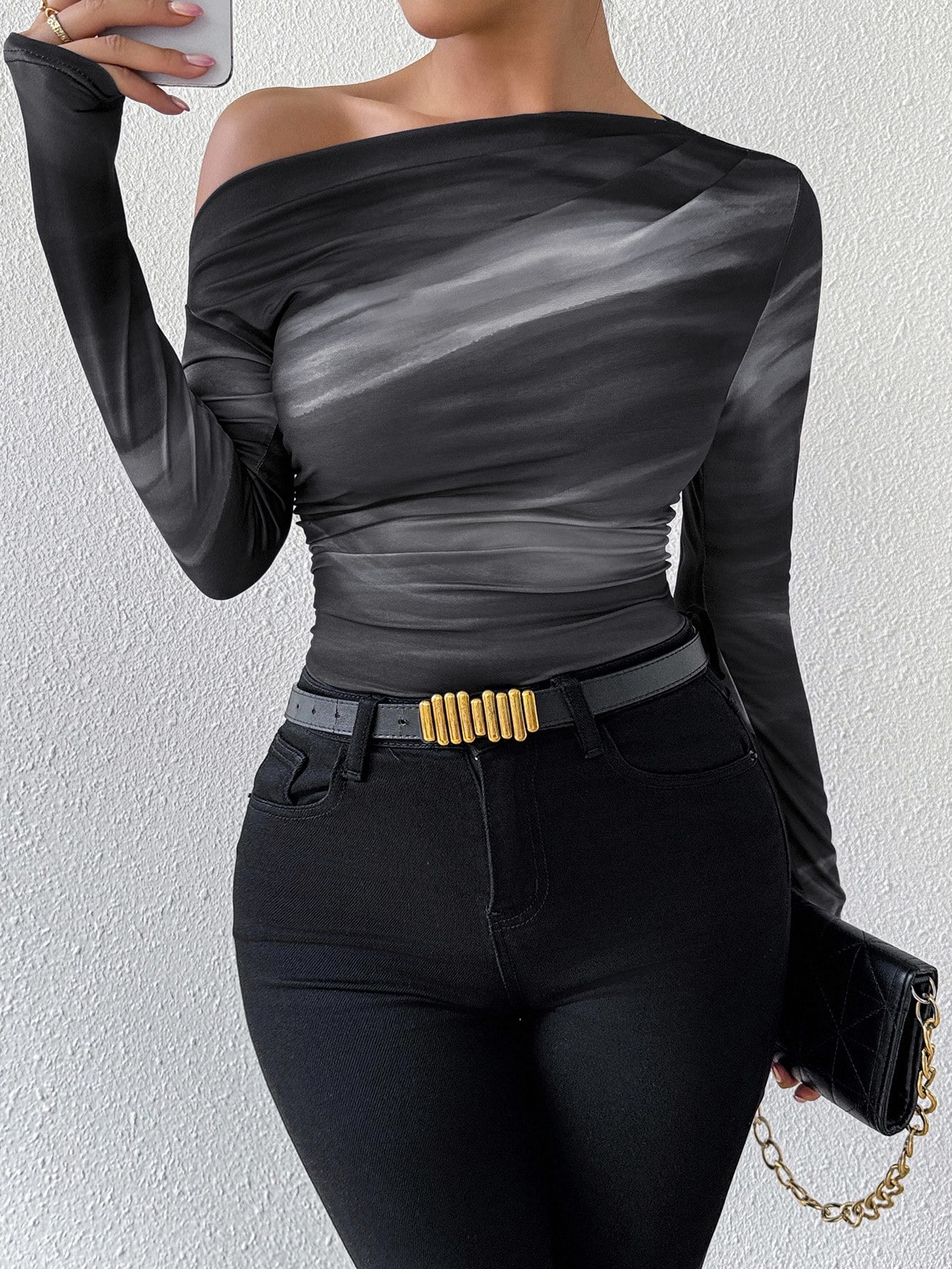 Xyvia T-shirt à manches longues avec col asymétrique, imprimé dégradé de marbre et