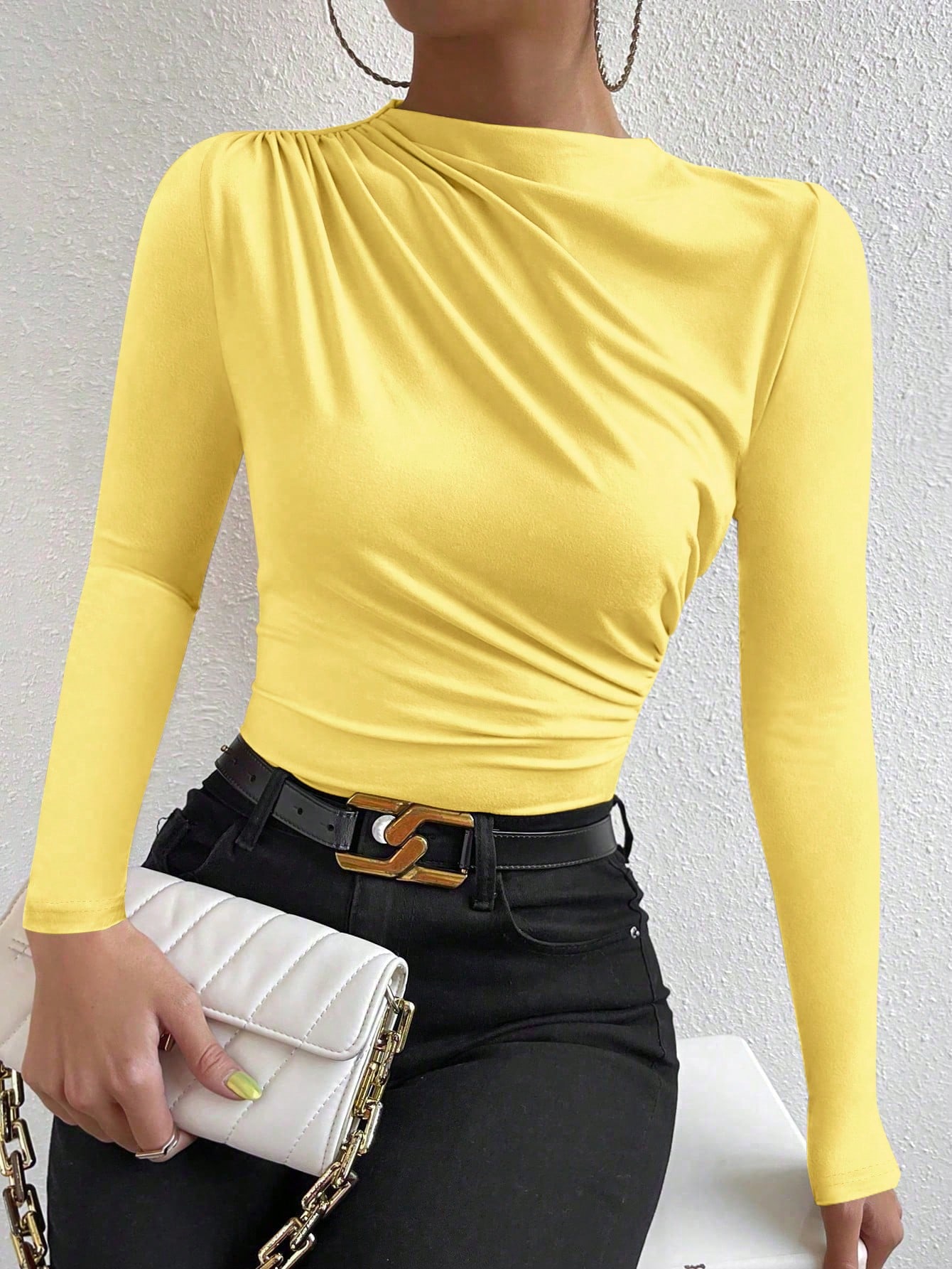 PETITE T-shirt simple unicolore à manches longues froncé, vêtement d'automne pour — vue 4