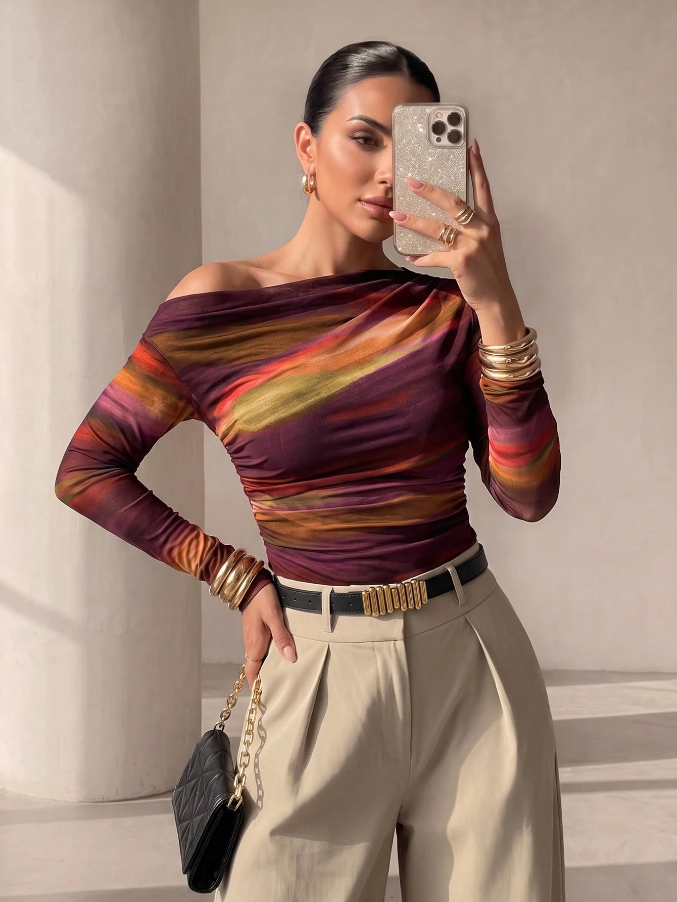 Xyvia T-shirt à manches longues avec col asymétrique, imprimé dégradé de marbre et — vue 6