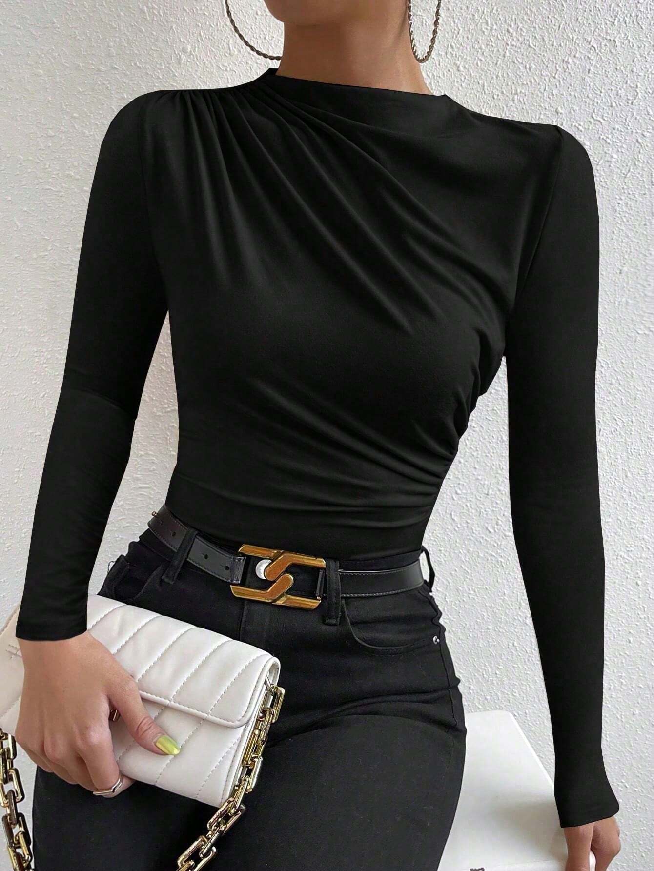 PETITE T-shirt simple unicolore à manches longues froncé, vêtement d'automne pour — vue 2