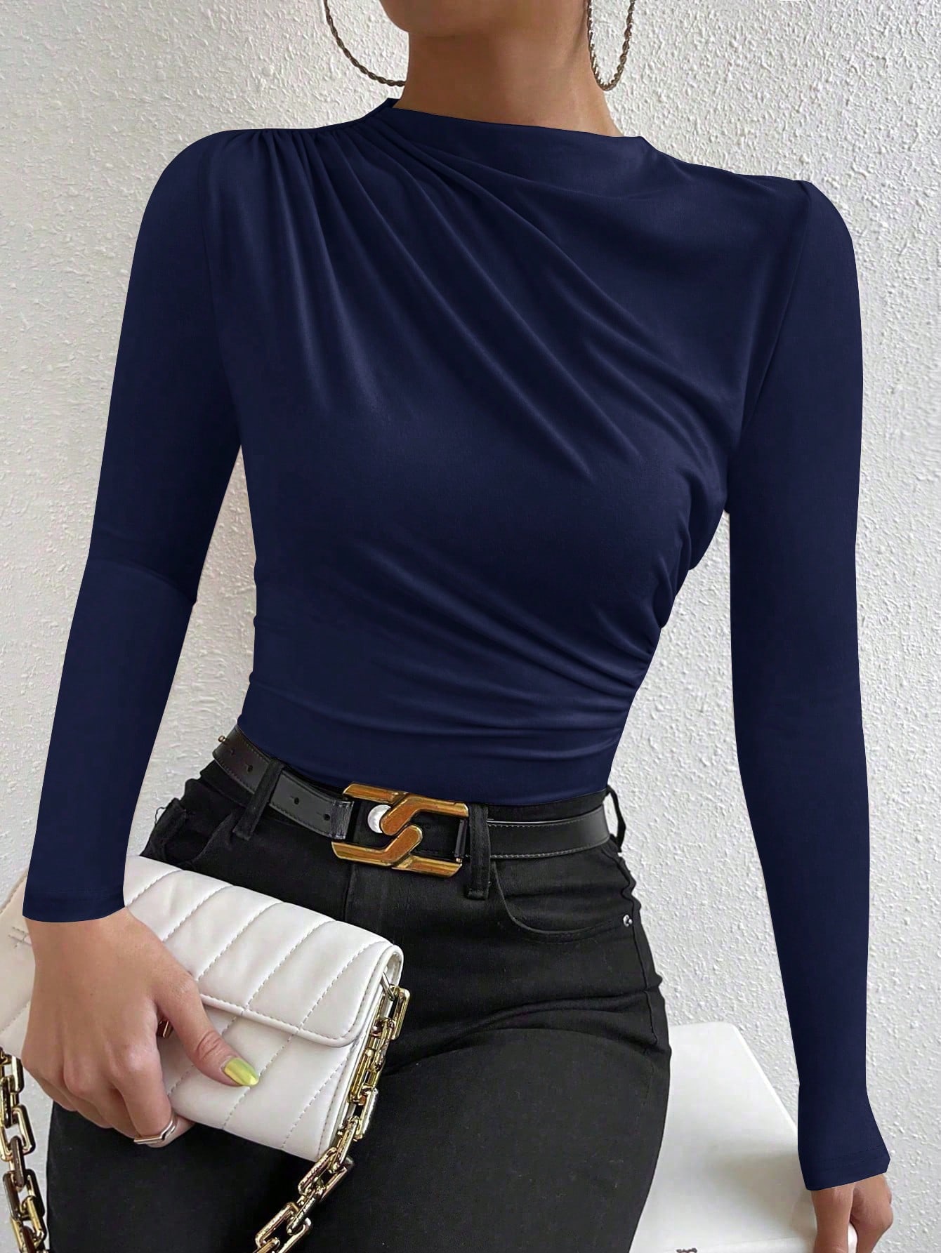 PETITE T-shirt simple unicolore à manches longues froncé, vêtement d'automne pour — vue 12