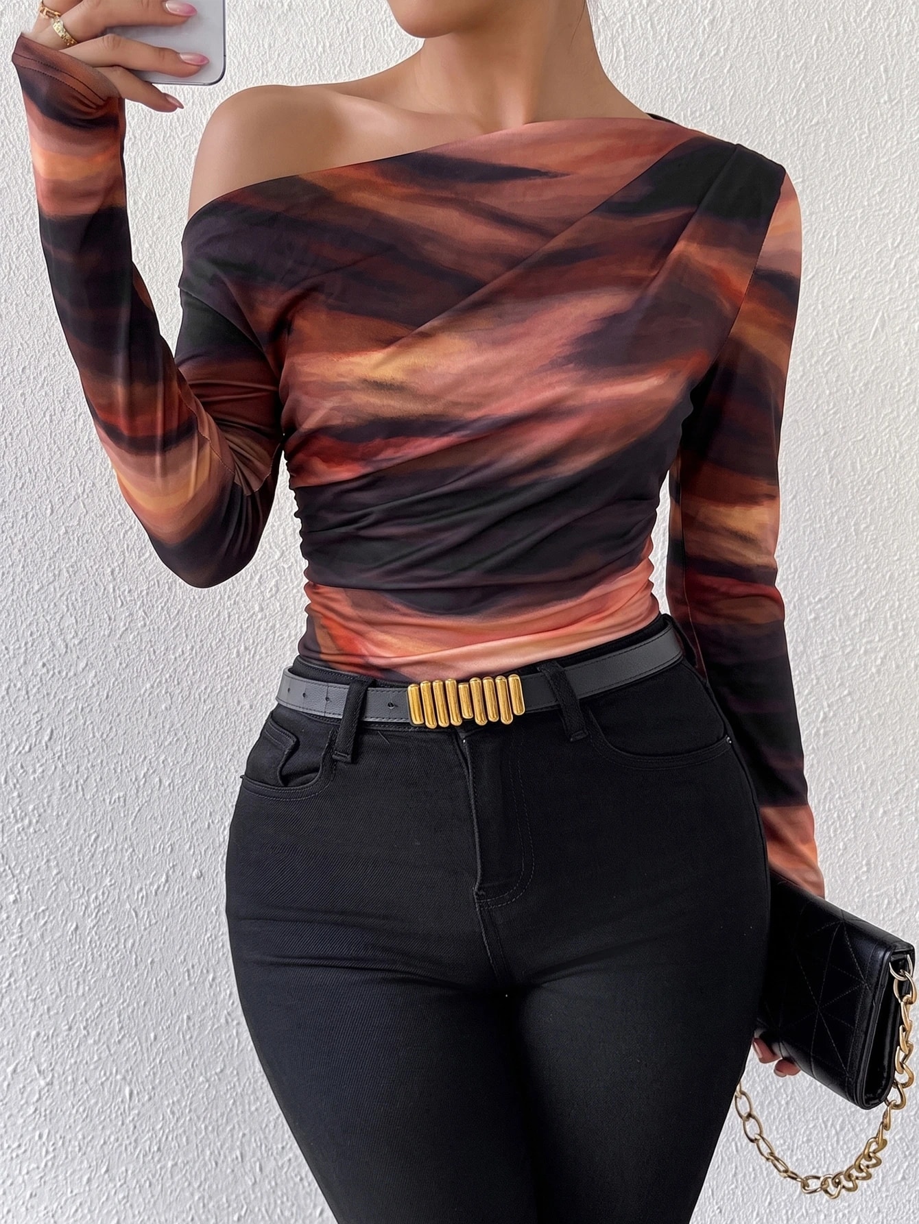 Xyvia T-shirt à manches longues avec col asymétrique, imprimé dégradé de marbre et — vue 7