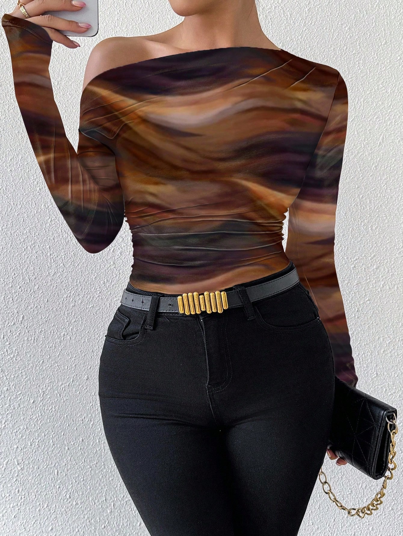 Xyvia T-shirt à manches longues avec col asymétrique, imprimé dégradé de marbre et — vue 8