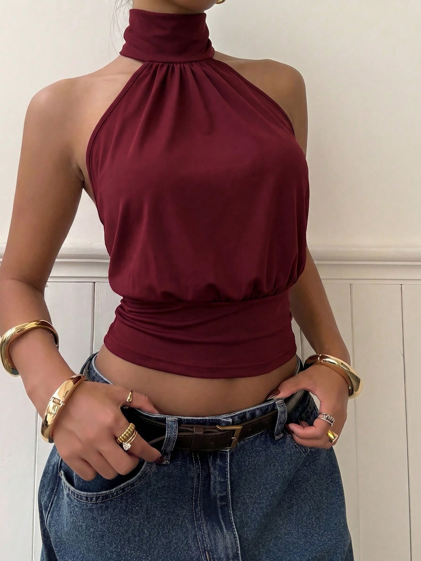 Muchica Top court sans manches pour femmes, col ras-du-cou en tricot jaune — vue 4