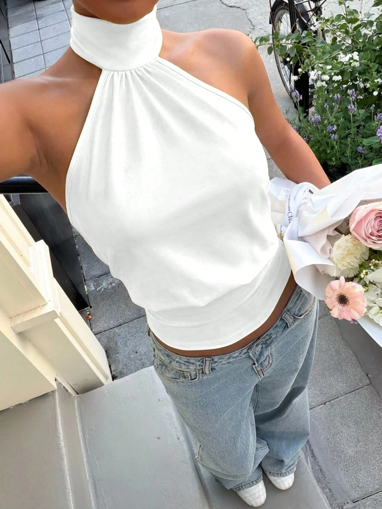 Muchica Top court sans manches pour femmes, col ras-du-cou en tricot jaune — vue 3