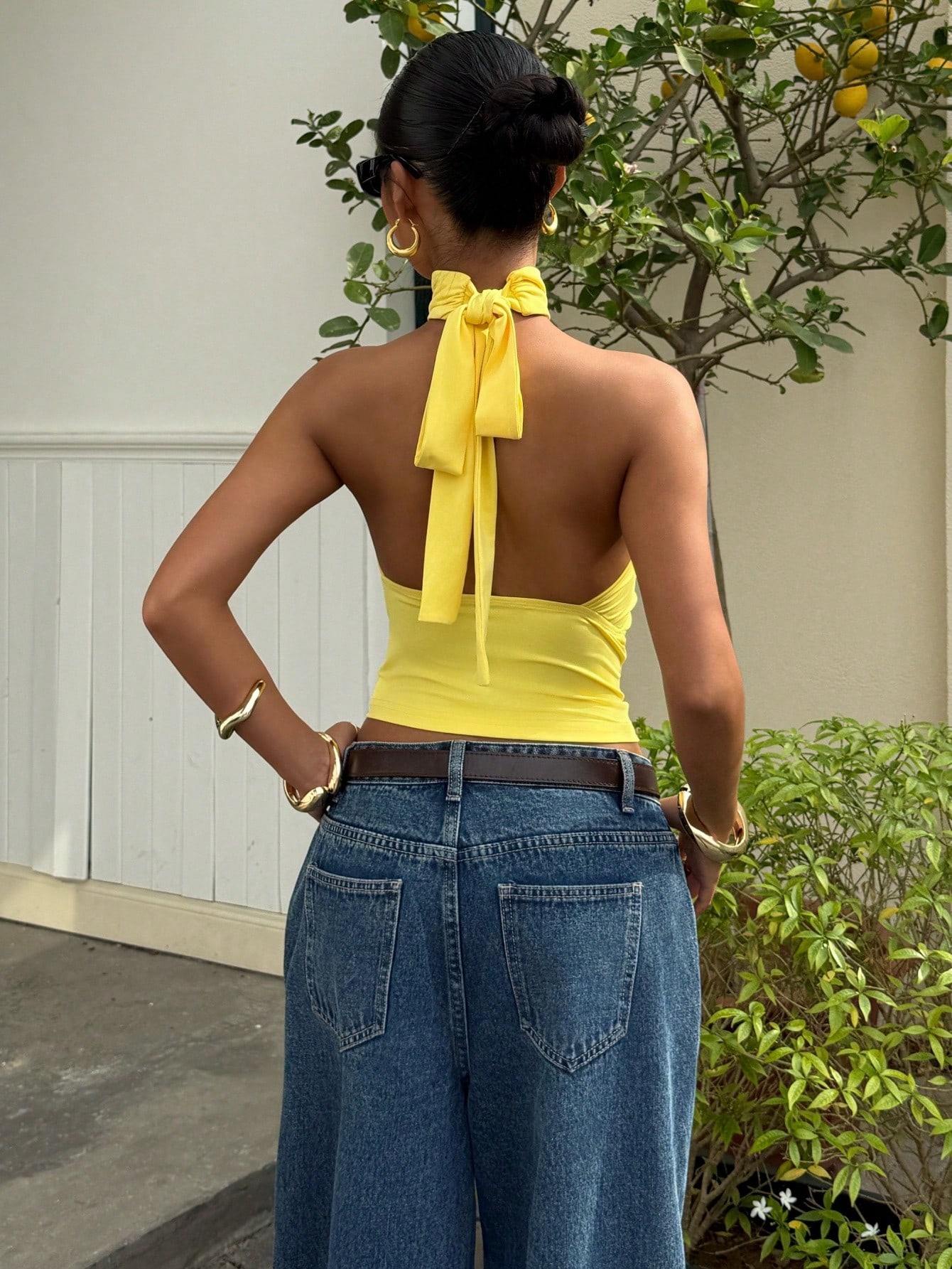 Muchica Top court sans manches pour femmes, col ras-du-cou en tricot jaune — vue 11