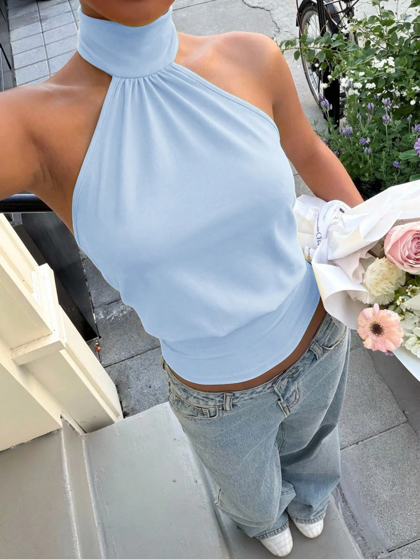 Muchica Top court sans manches pour femmes, col ras-du-cou en tricot jaune — vue 7