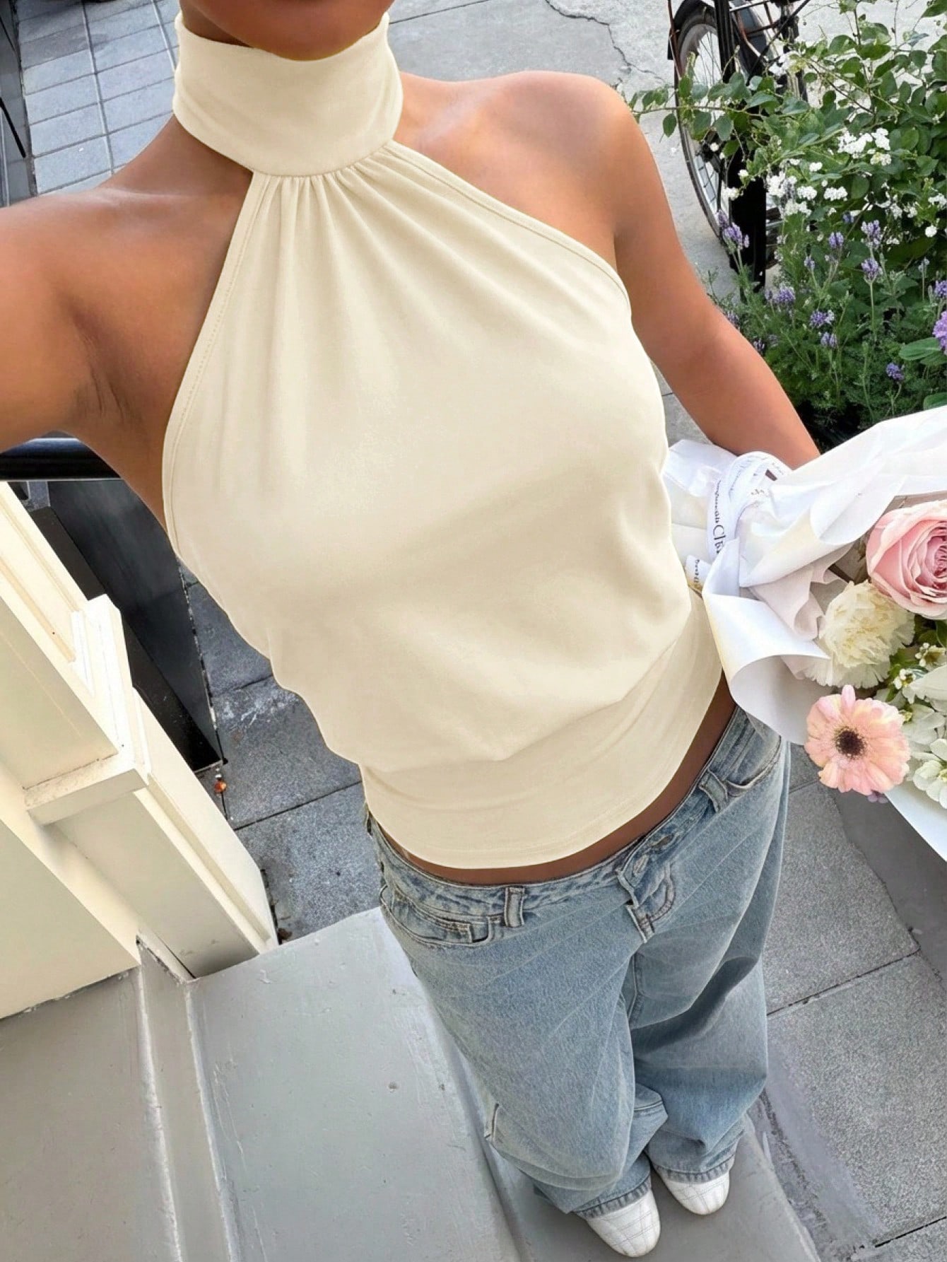 Muchica Top court sans manches pour femmes, col ras-du-cou en tricot jaune — vue 8