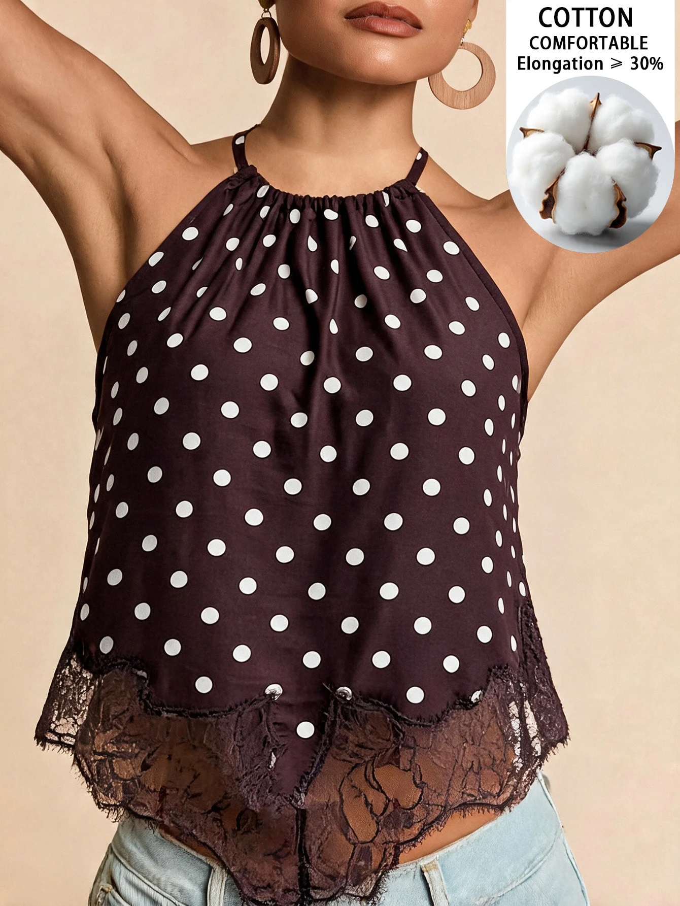 Travachic Débardeur femme à rayures avec ourlet asymétrique et col licou, beige clair, — vue 4