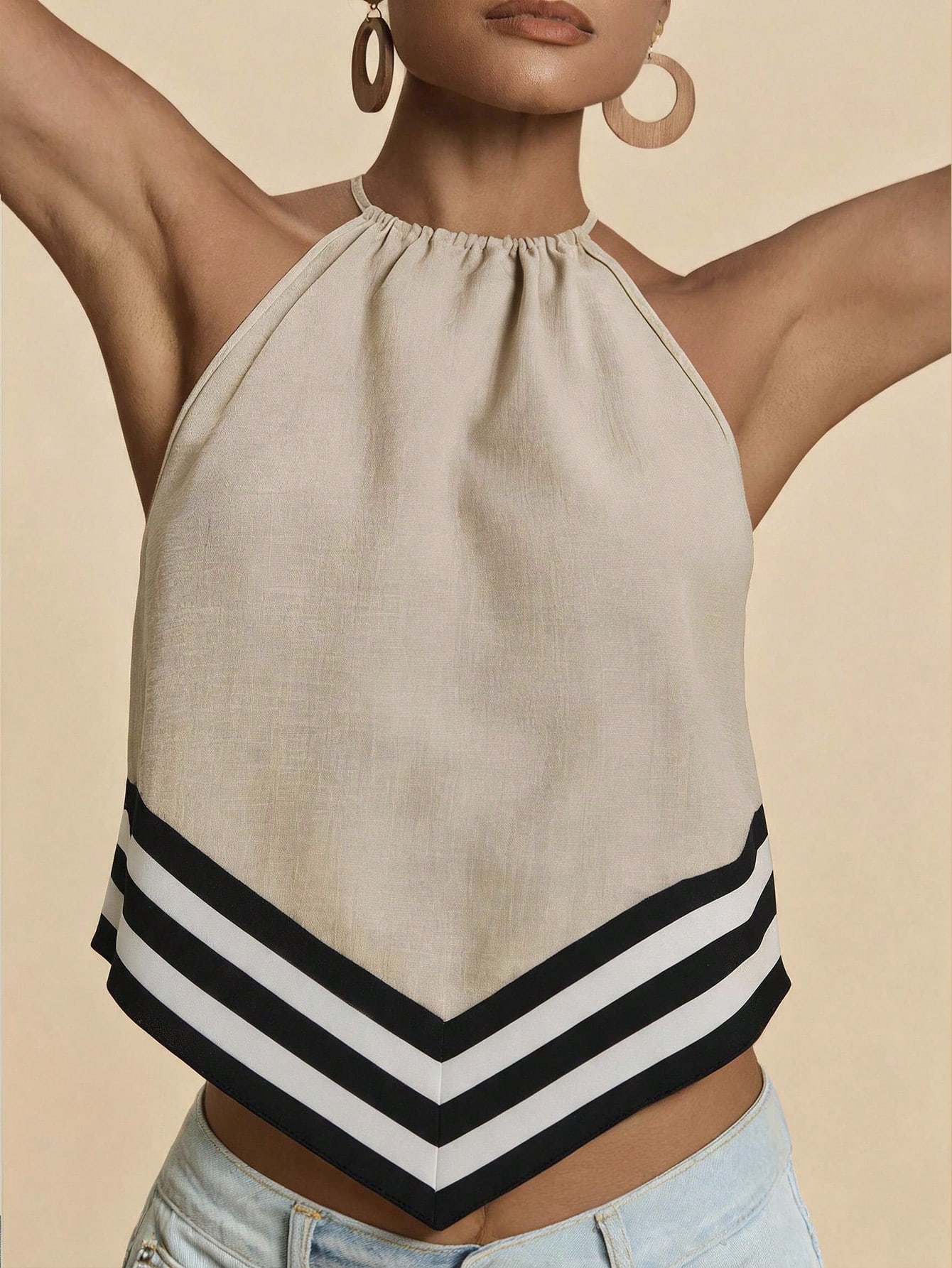 Travachic Débardeur femme à rayures avec ourlet asymétrique et col licou, beige clair, — vue 6