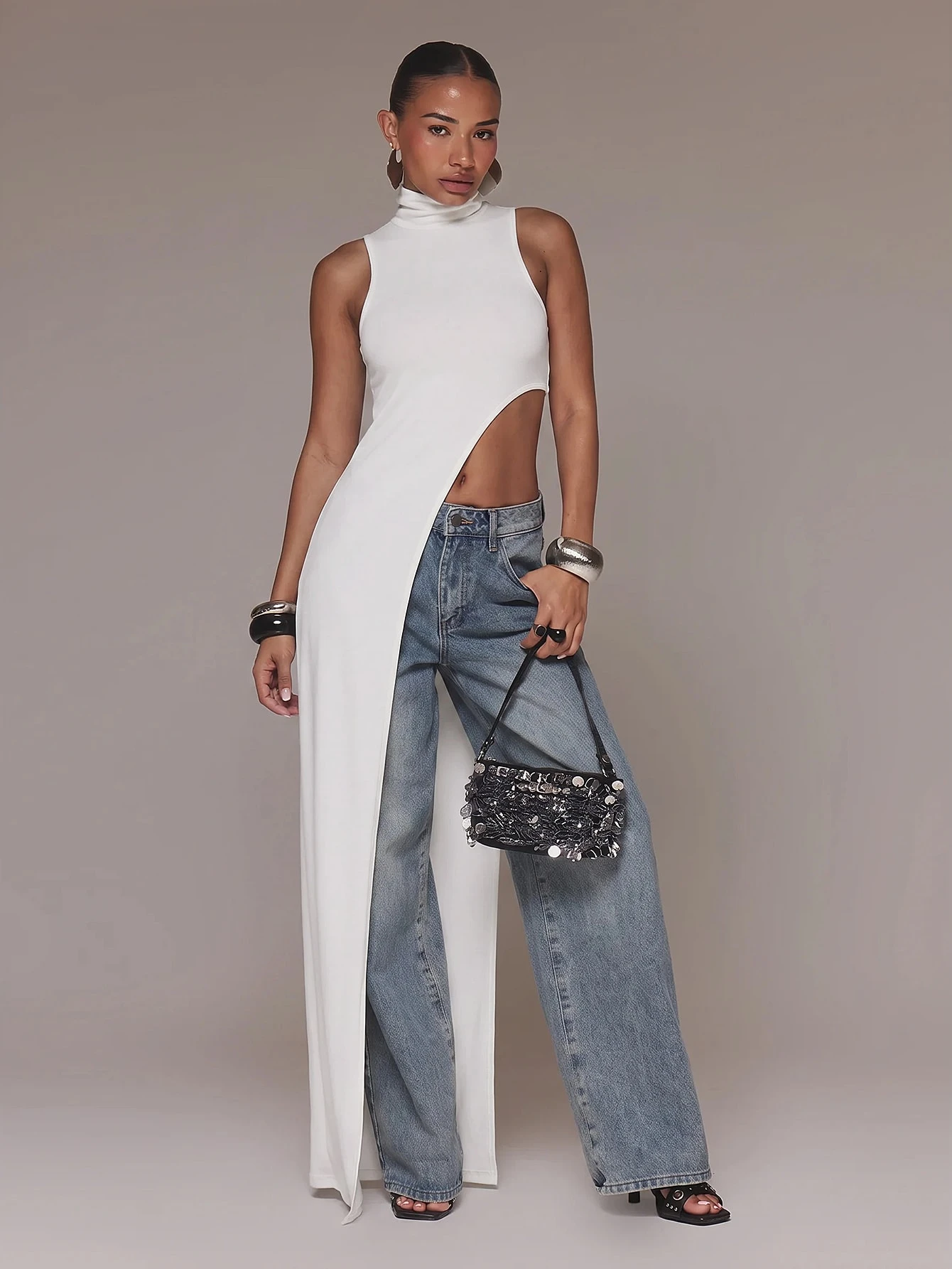 MUSERA Top long sans manches à col montant, coupe asymétrique avec découpe sur le côté et — vue 4
