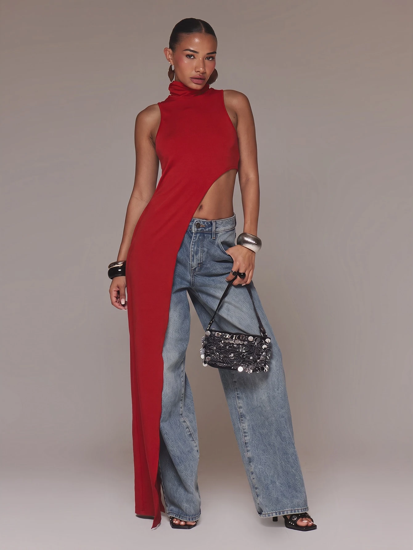 MUSERA Top long sans manches à col montant, coupe asymétrique avec découpe sur le côté et — vue 3