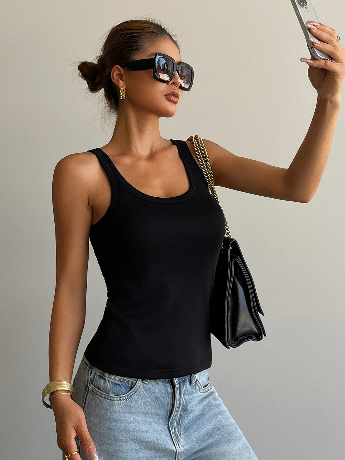 DAZY Débardeur casual à col rond unicolore doublé thermique pour femmes, automne/hiver