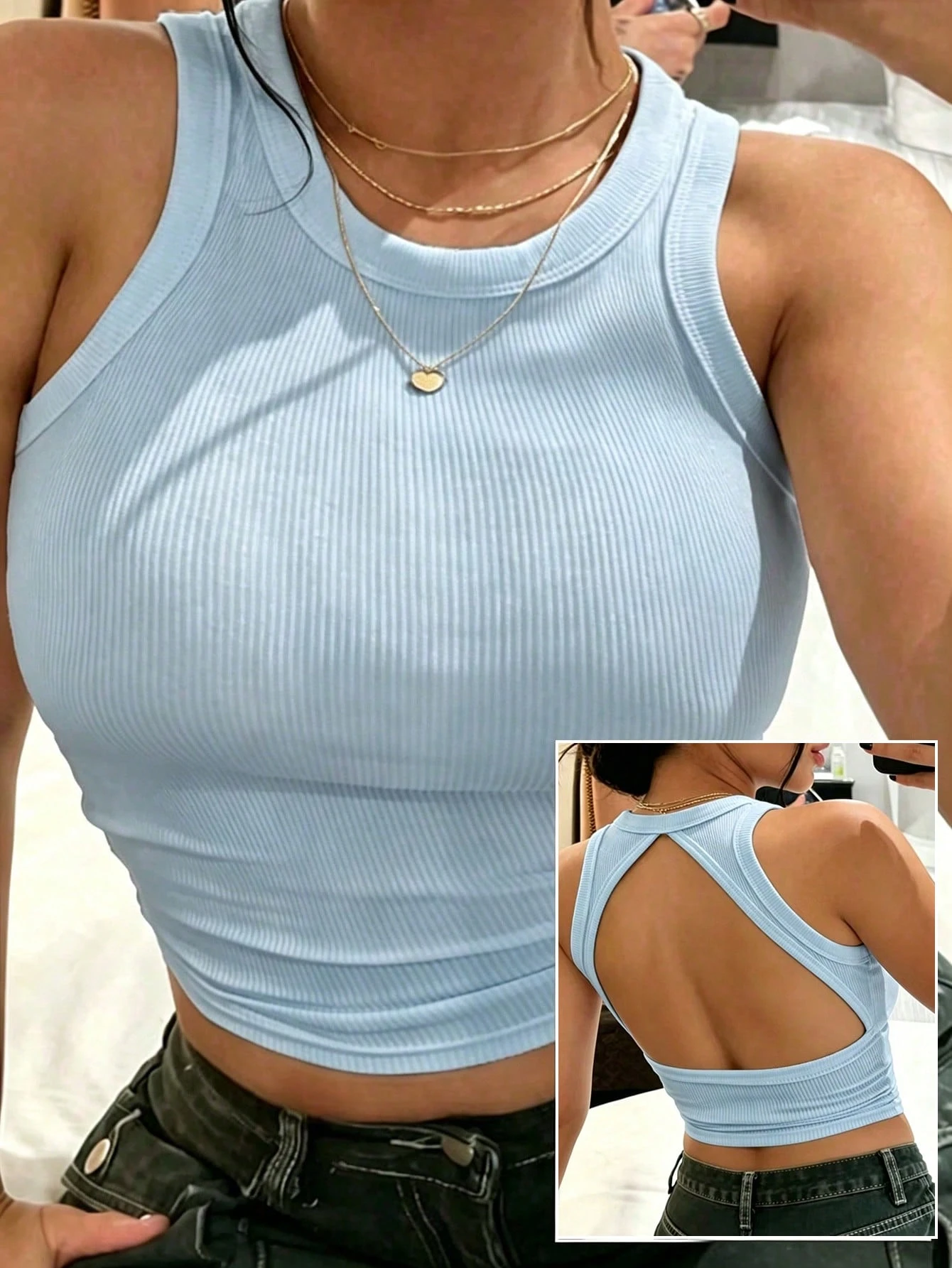 INAWLY Débardeur d'été pour femme, couleur unie, col rond, ajusté — vue 6