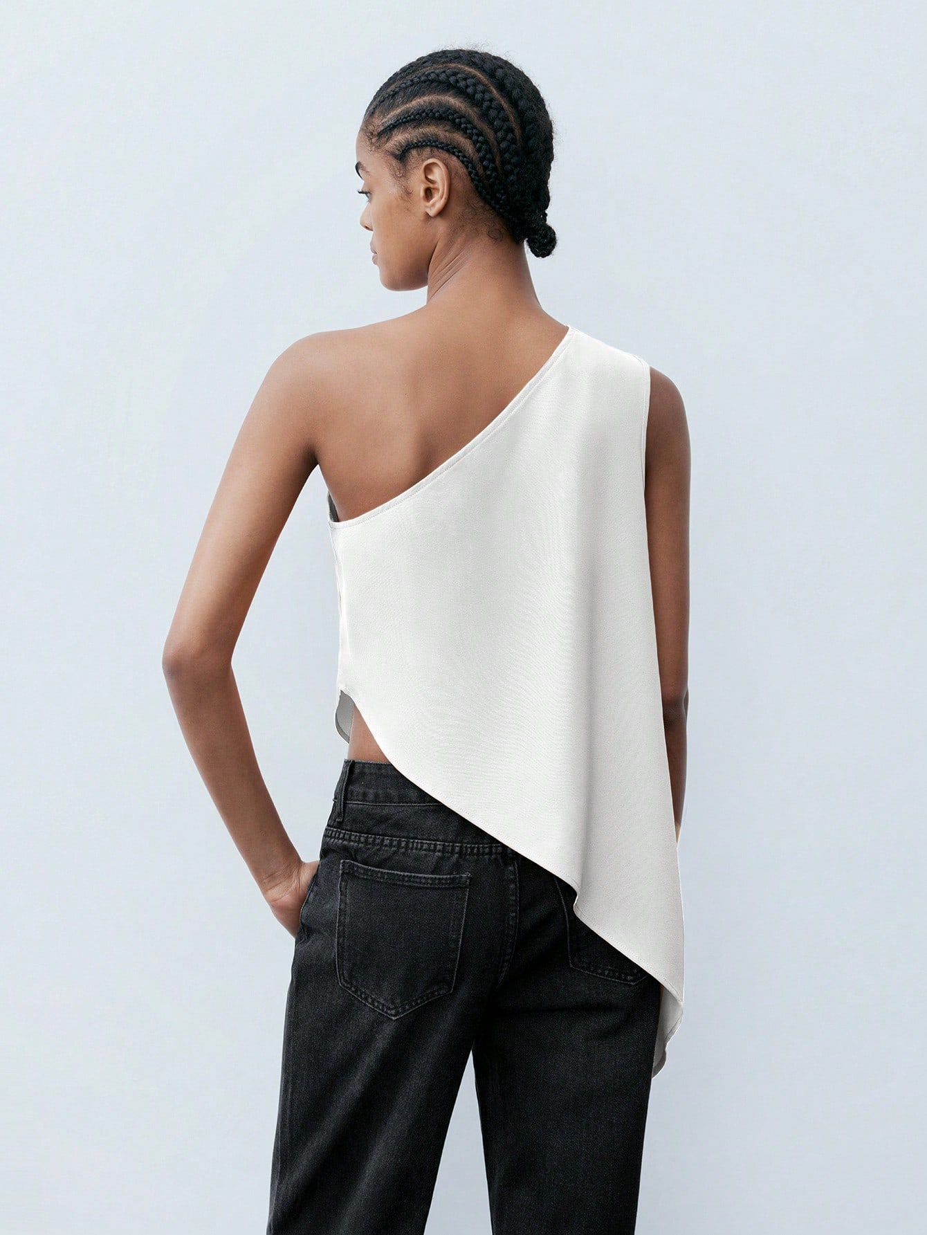 Maija Top décontracté sans manches plissé de couleur unie blanc asymétrique pour femmes, — vue 6