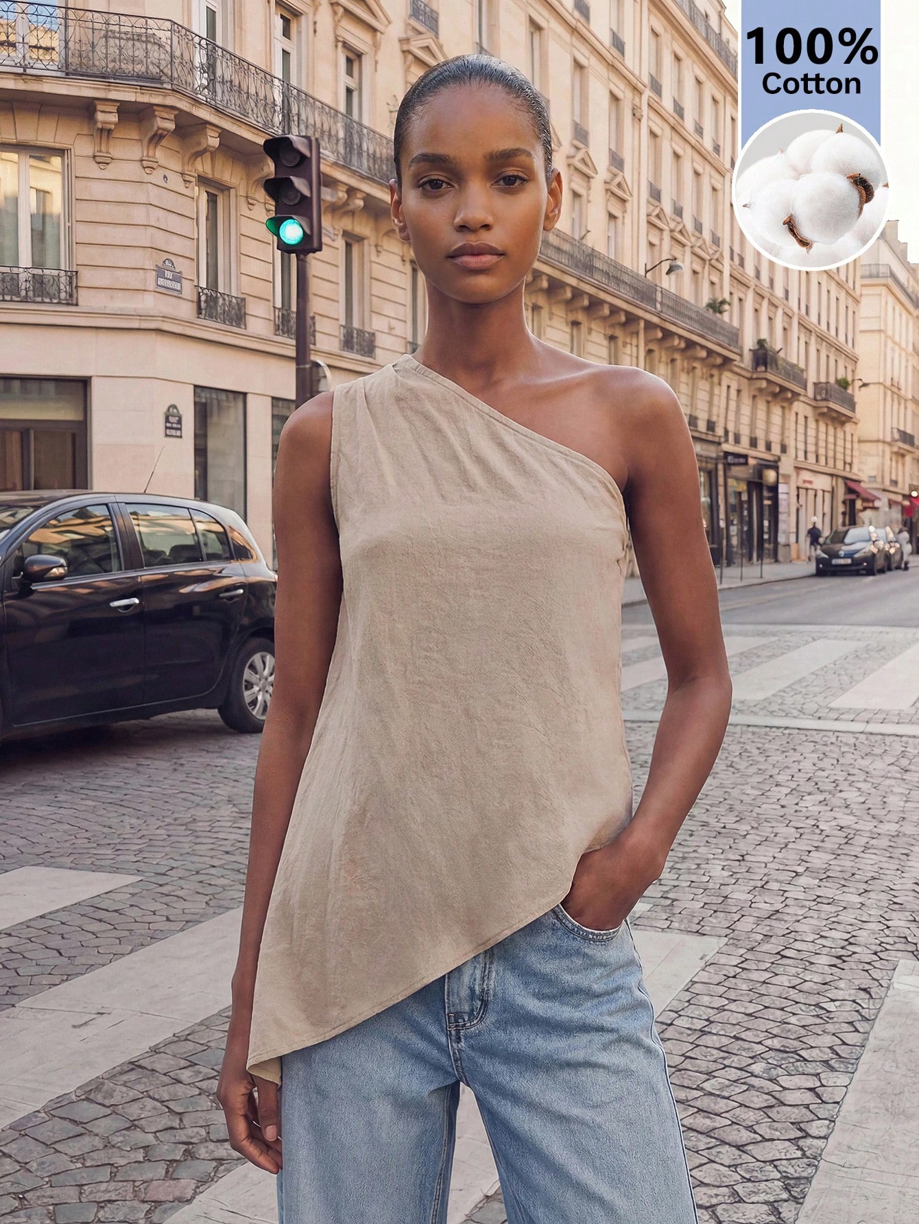Maija Top décontracté sans manches plissé de couleur unie blanc asymétrique pour femmes, — vue 4