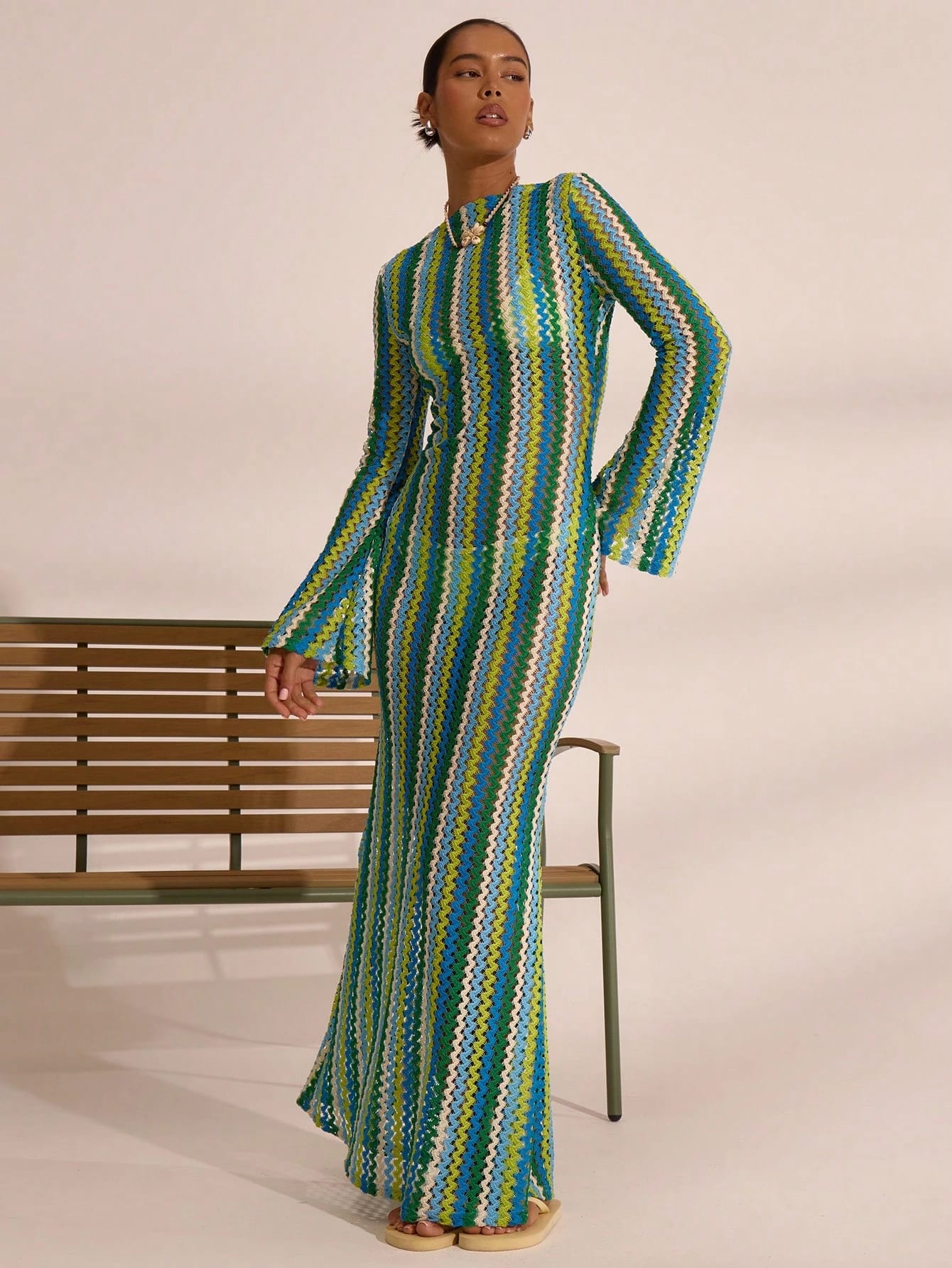 MUSERA Robe longue évasée en tricot rayé texturé, style bohème Ibiza, élégante et