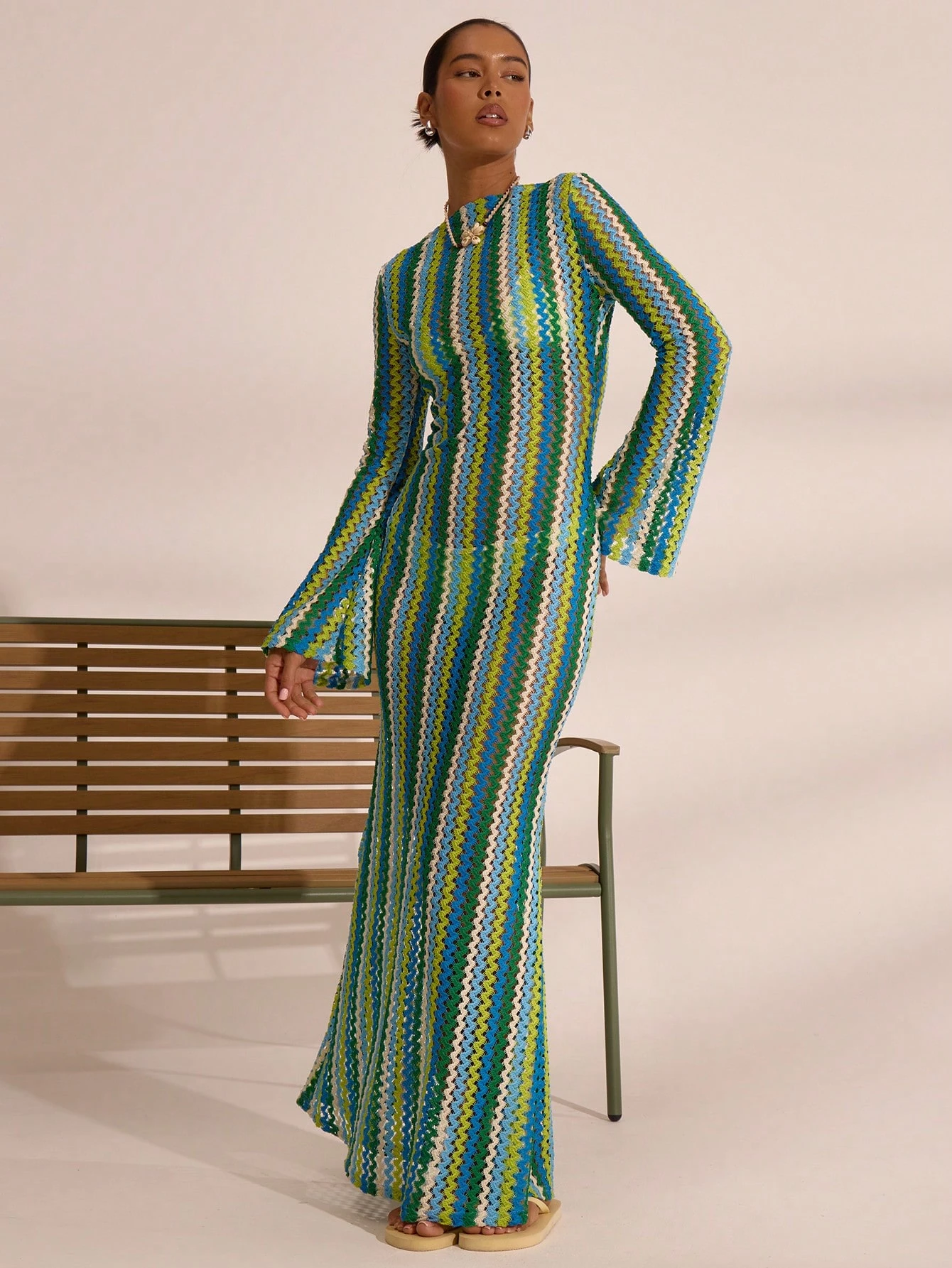 MUSERA Robe longue évasée en tricot rayé texturé, style bohème Ibiza, élégante et