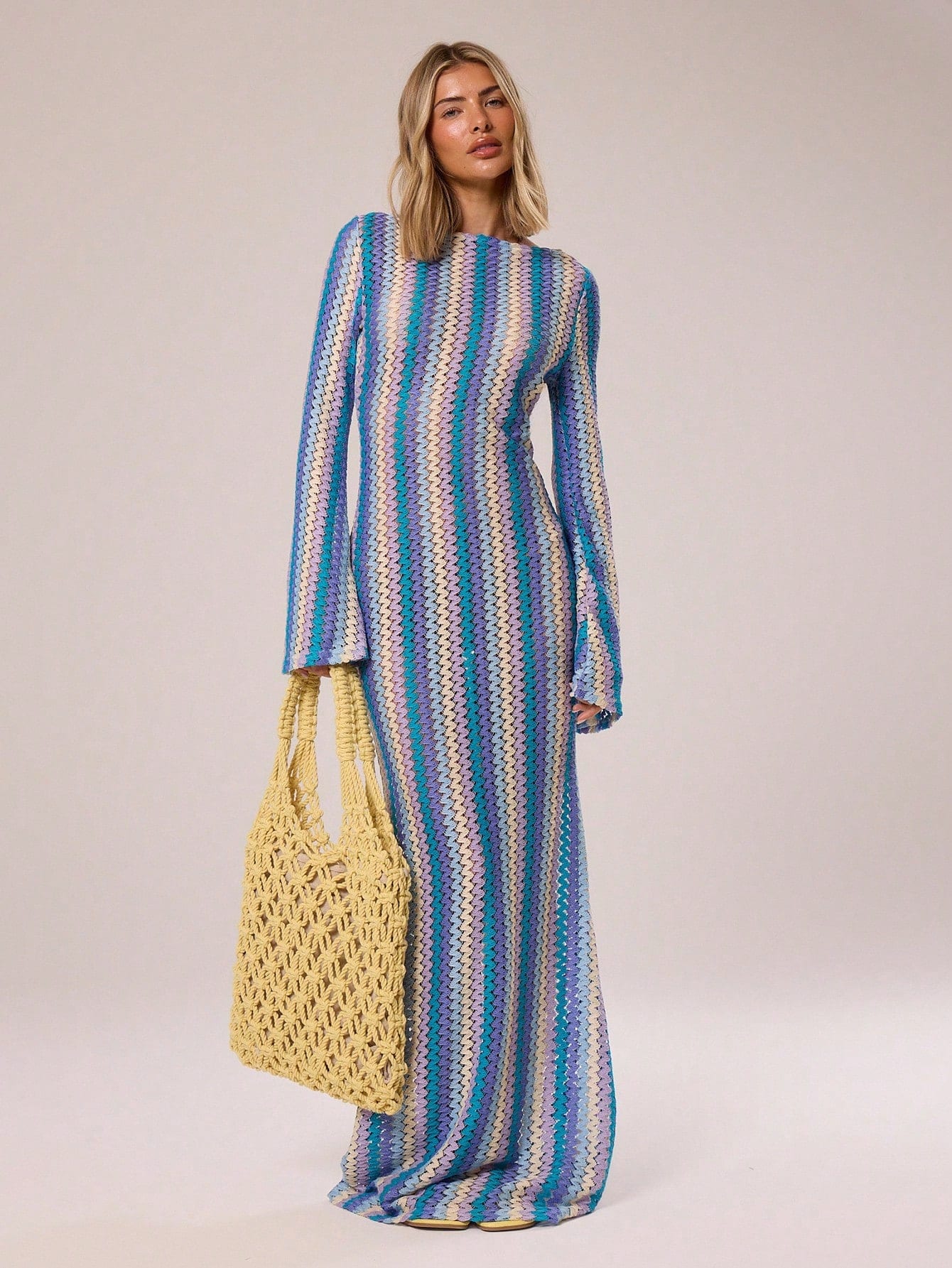 MUSERA Robe Maxi Évasée en Tricot Rayé Texturé Printemps Été Vacances Bohème Ibiza