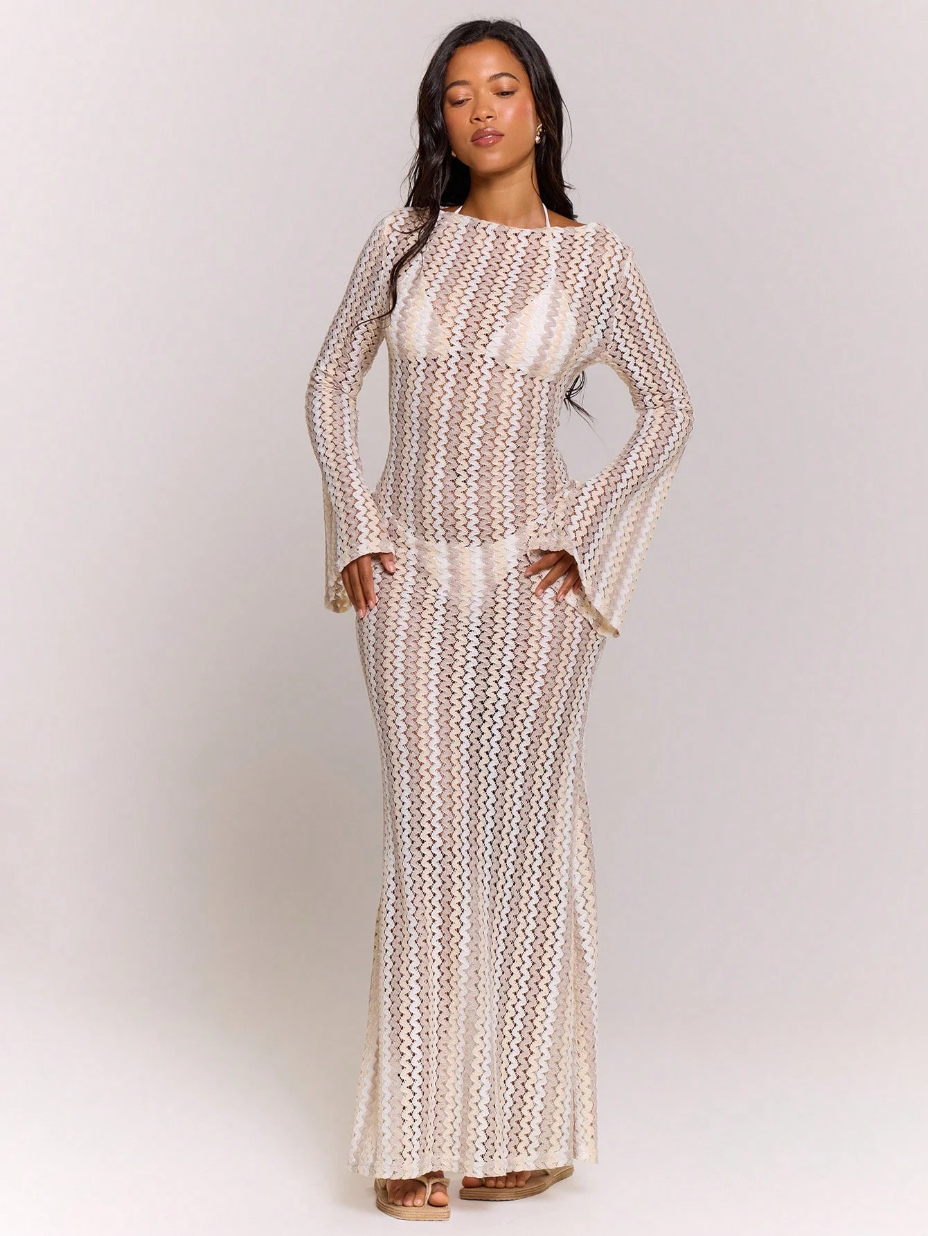 MUSERA Robe longue évasée en tricot rayé texturé, style bohème Ibiza, élégante et — vue 3
