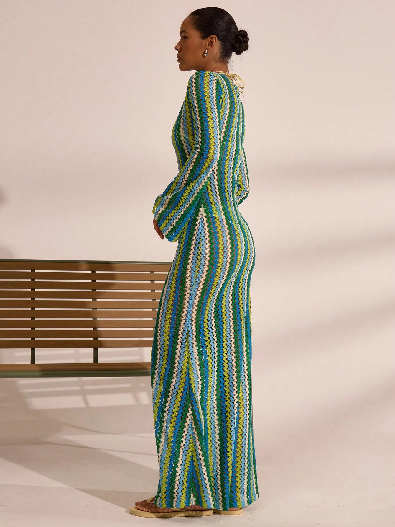 MUSERA Robe longue évasée en tricot rayé texturé, style bohème Ibiza, élégante et — vue 6