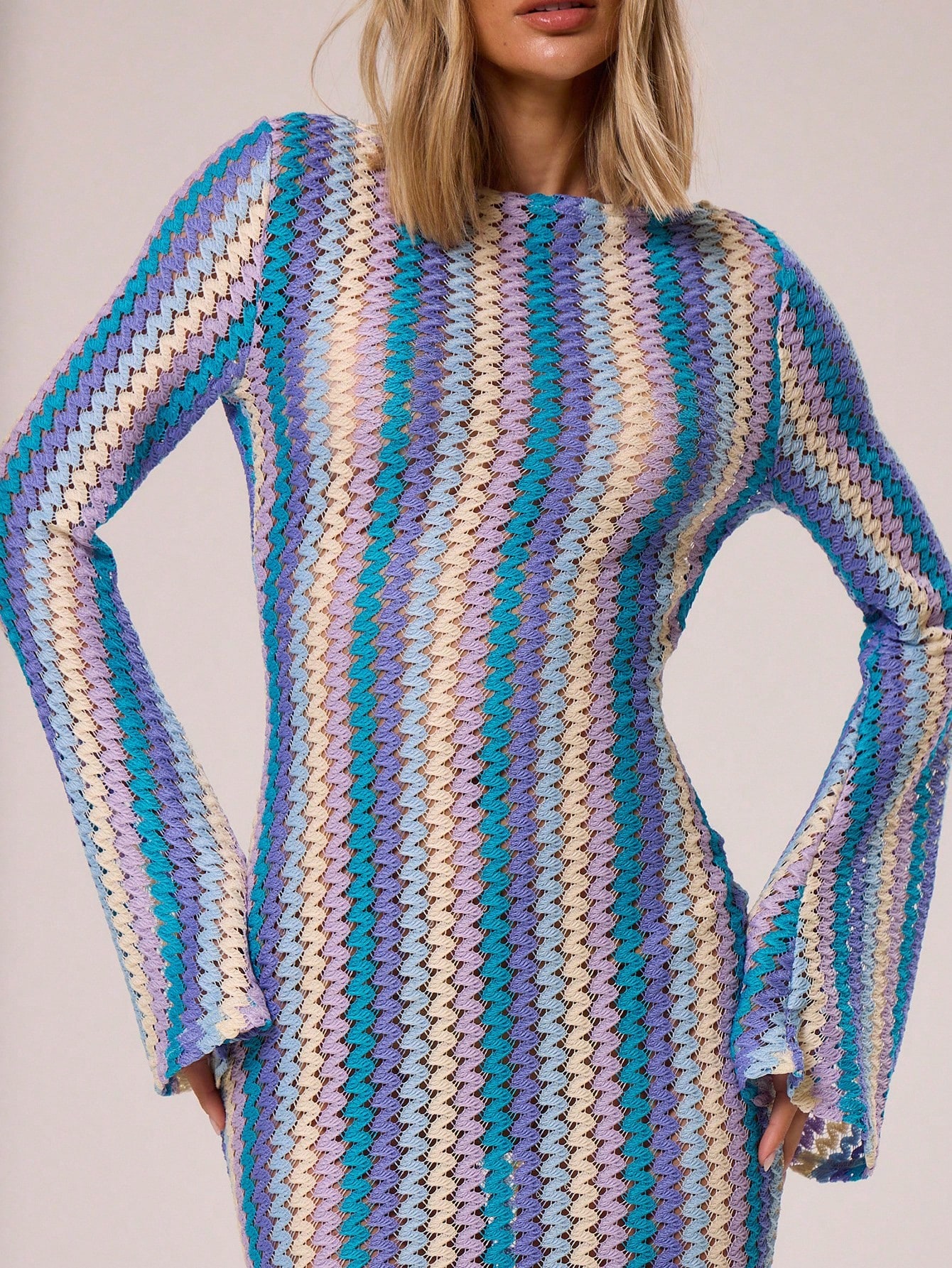 MUSERA Robe longue évasée en tricot rayé texturé, style bohème Ibiza, élégante et — vue 12