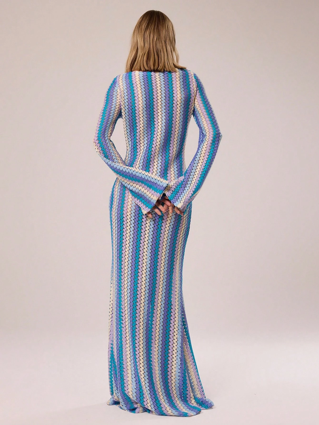 MUSERA Robe longue évasée en tricot rayé texturé, style bohème Ibiza, élégante et — vue 7