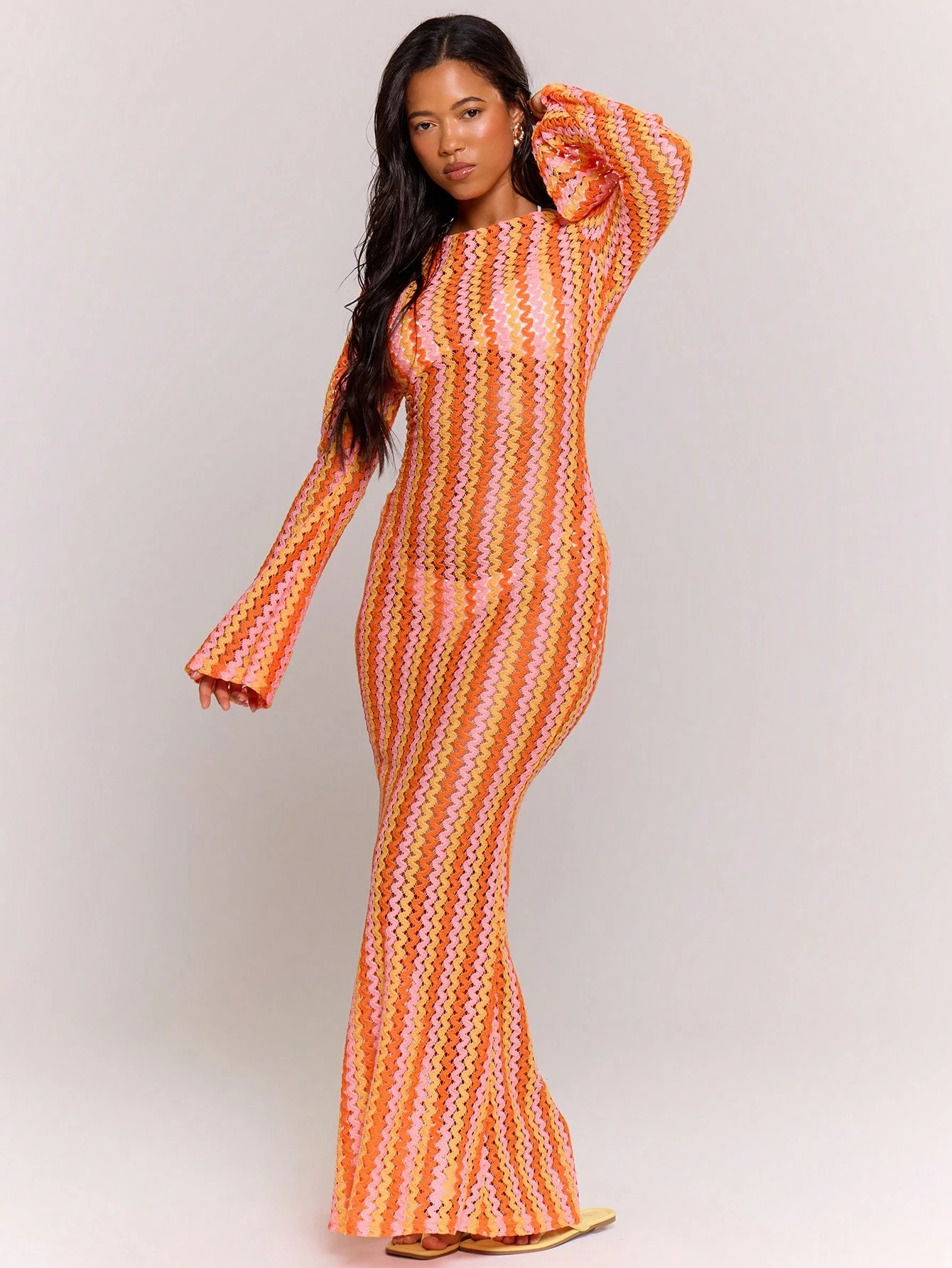 MUSERA Robe longue évasée en tricot rayé texturé, style bohème Ibiza, élégante et — vue 9