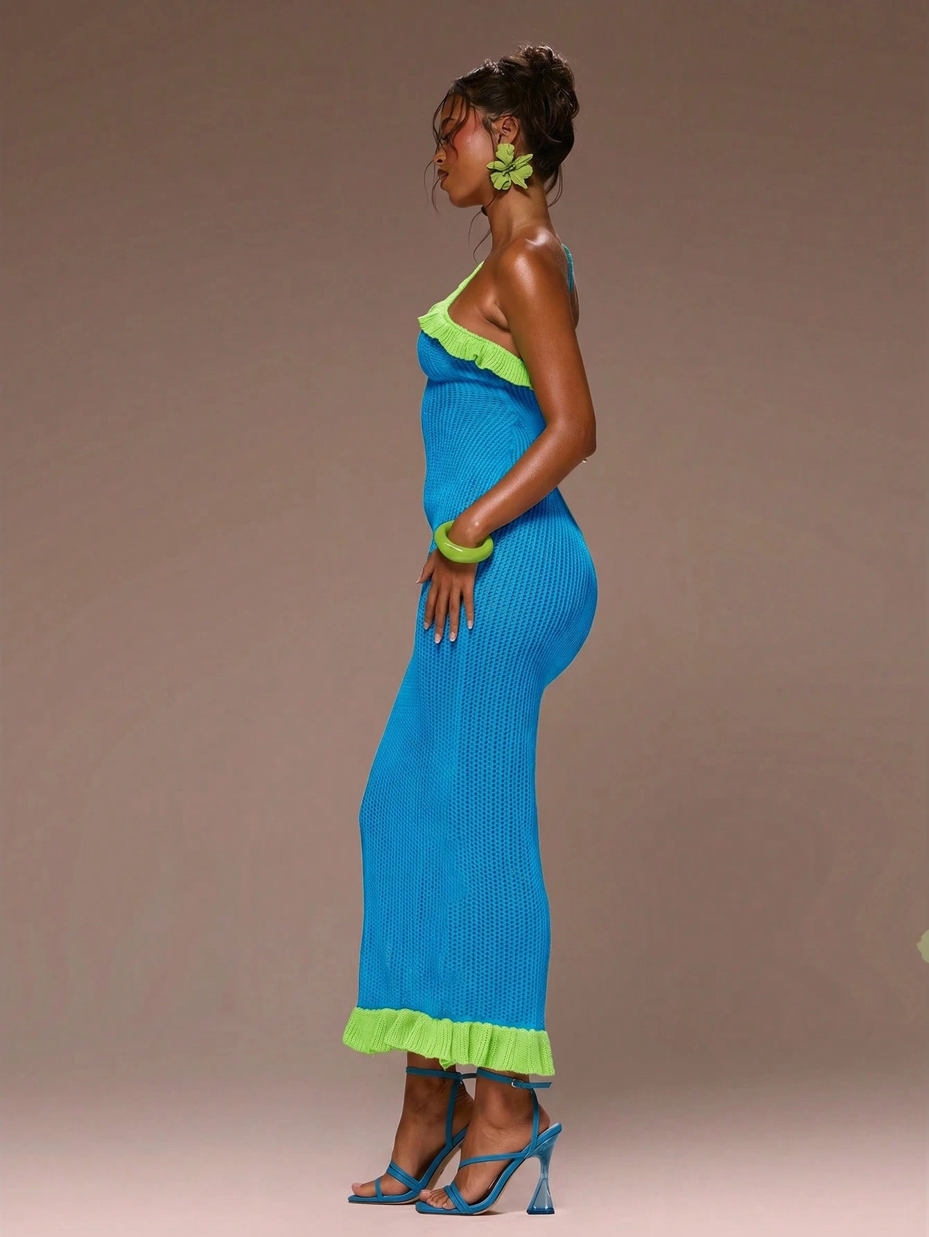 MUSERA Robe longue tricotée à bretelle asymétrique avec volants contrastés, style mignon — vue 6