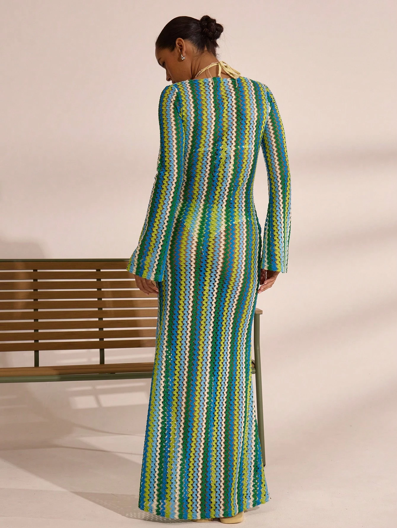 MUSERA Robe longue évasée en tricot rayé texturé, style bohème Ibiza, élégante et — vue 11