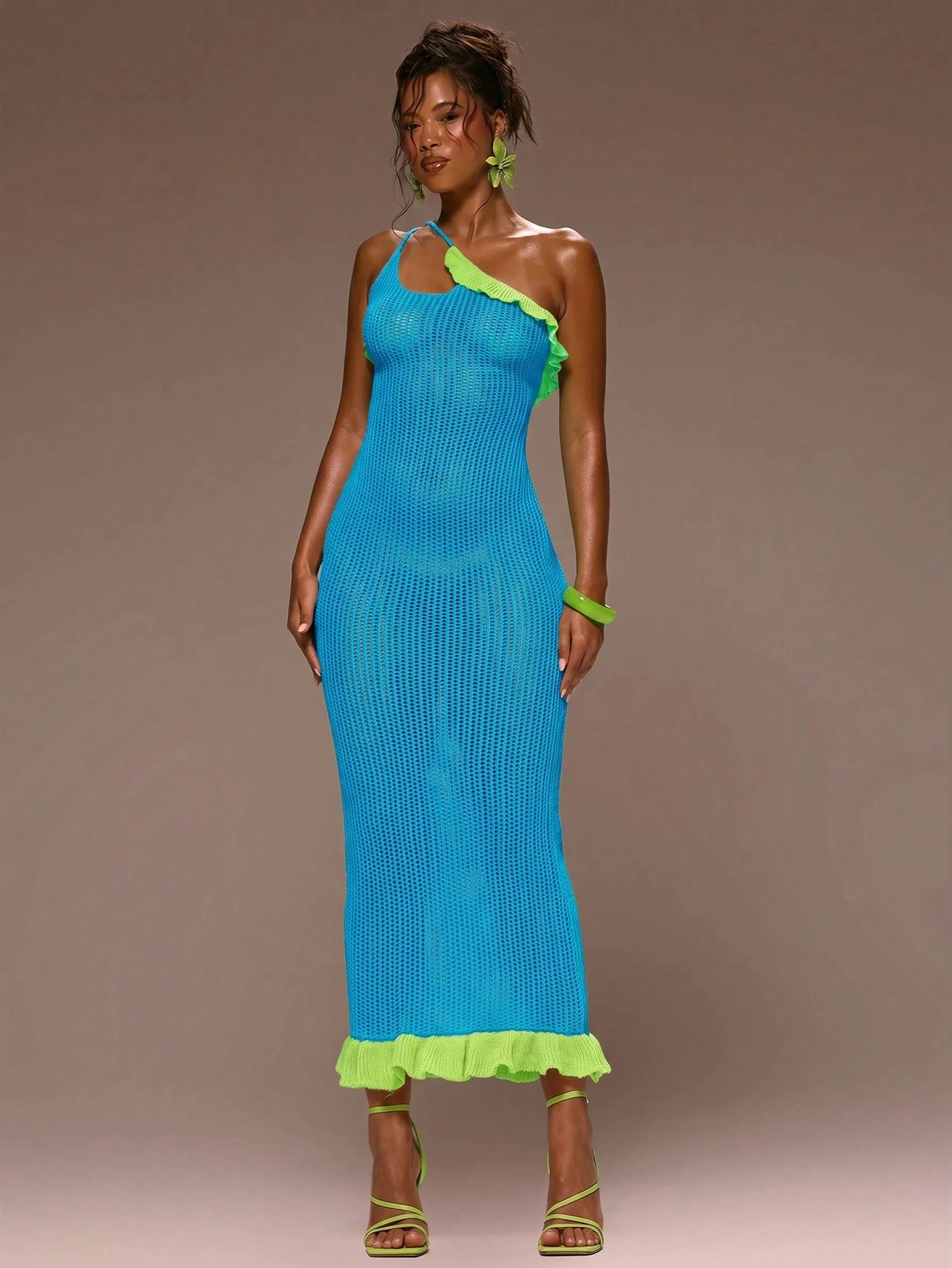 MUSERA Robe longue tricotée à bretelle asymétrique avec volants contrastés, style mignon — vue 10