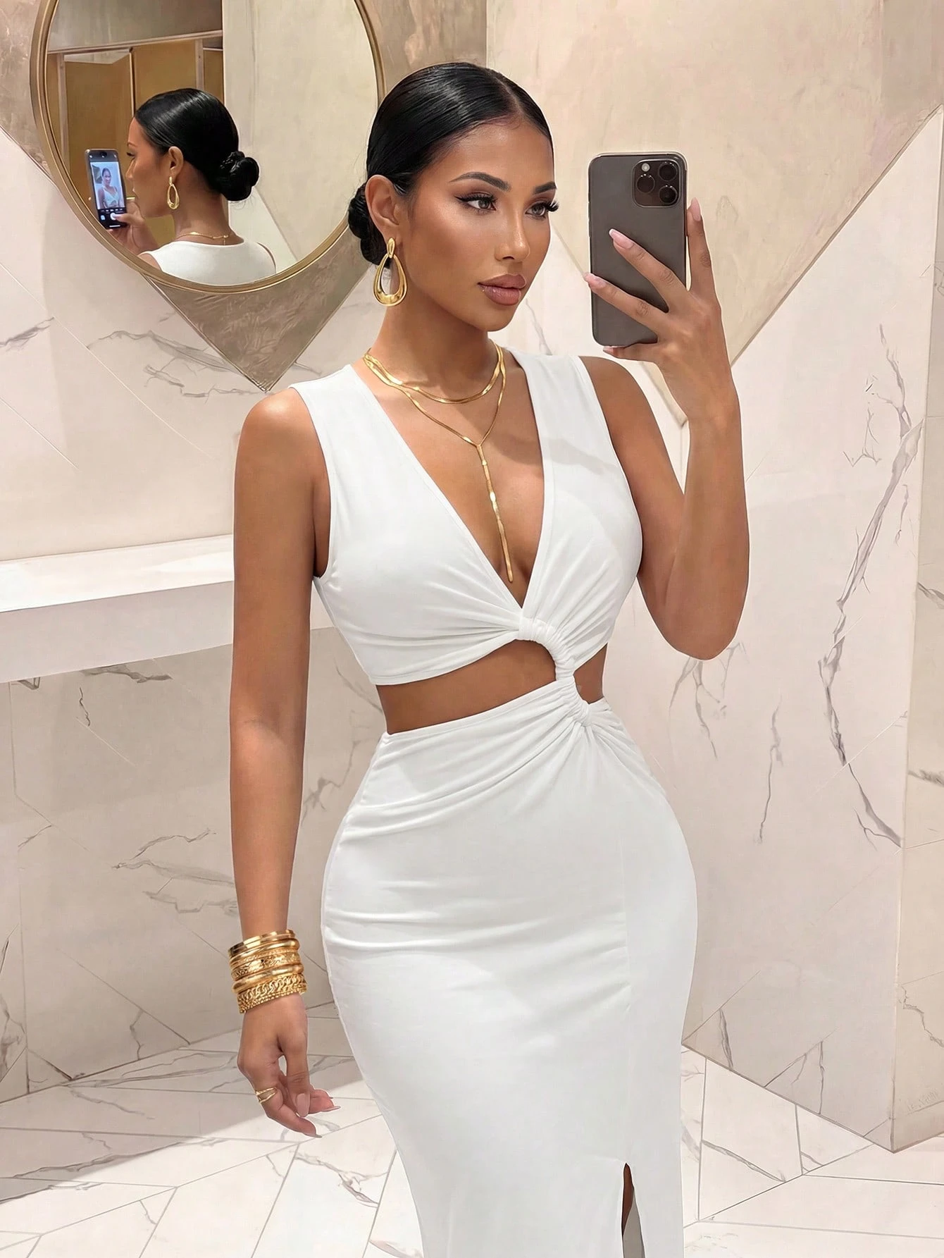 Slaydiva Robe longue blanche élégante pour femme avec décolleté en V profond et découpes,