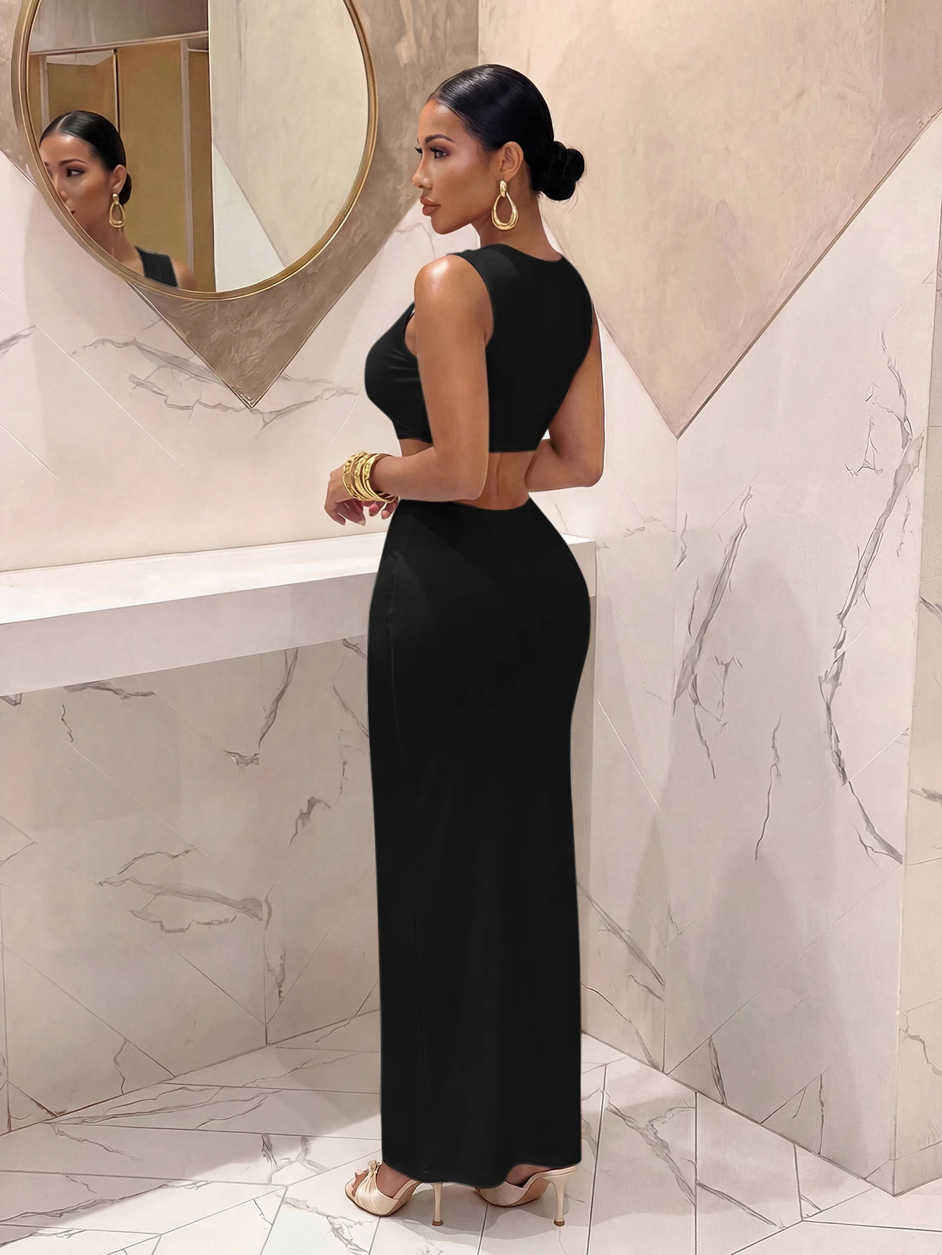 Slaydiva Robe longue blanche élégante pour femme avec décolleté en V profond et découpes, — vue 8