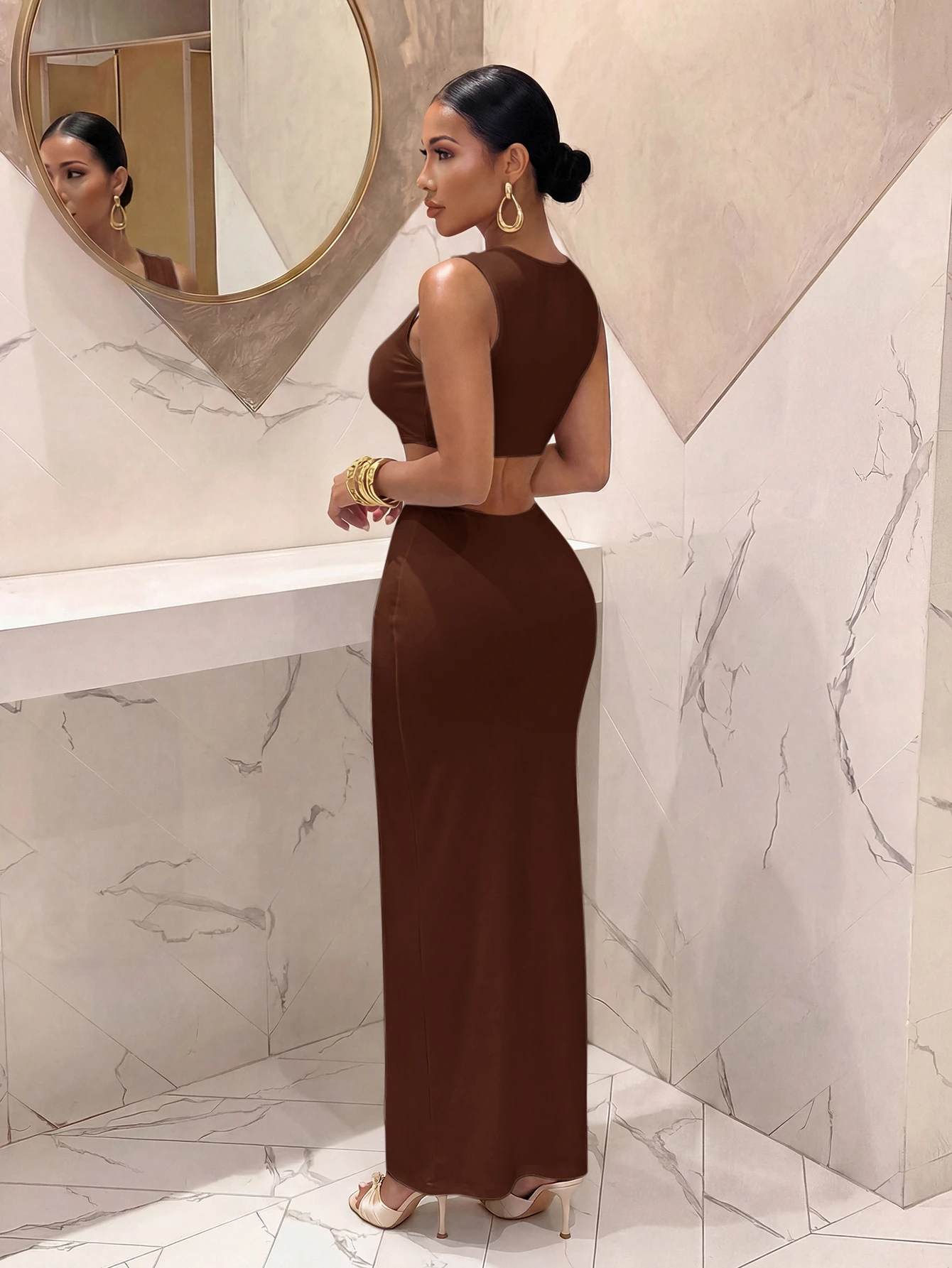 Slaydiva Robe longue blanche élégante pour femme avec décolleté en V profond et découpes, — vue 12