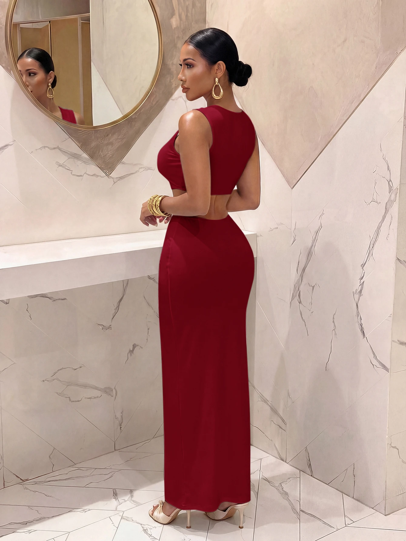 Slaydiva Robe longue blanche élégante pour femme avec décolleté en V profond et découpes, — vue 9