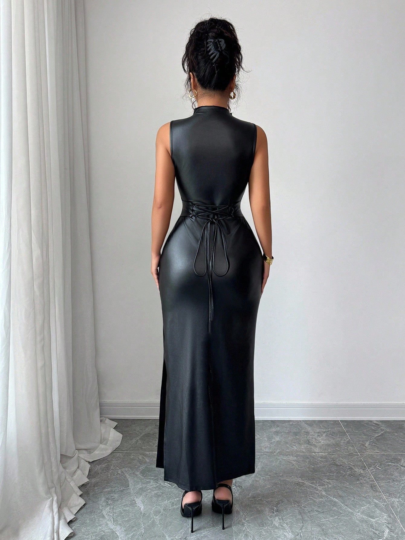 Elenzga Nouvelle robe longue moulante sexy pour femmes avec col montant sans manches, en — vue 2