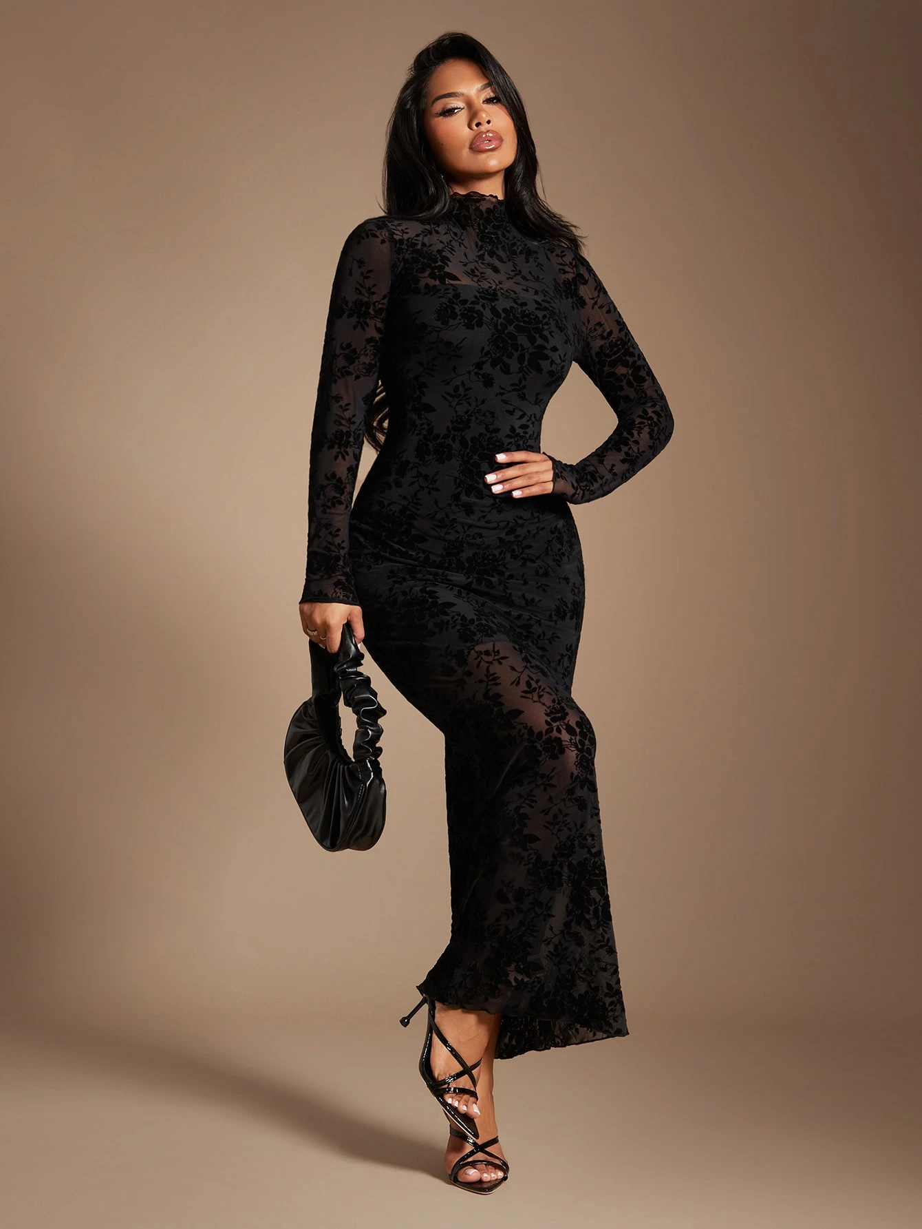 Radiana Robe élégante et digne en maille jacquard floquée noire pour femmes, robe ajustée