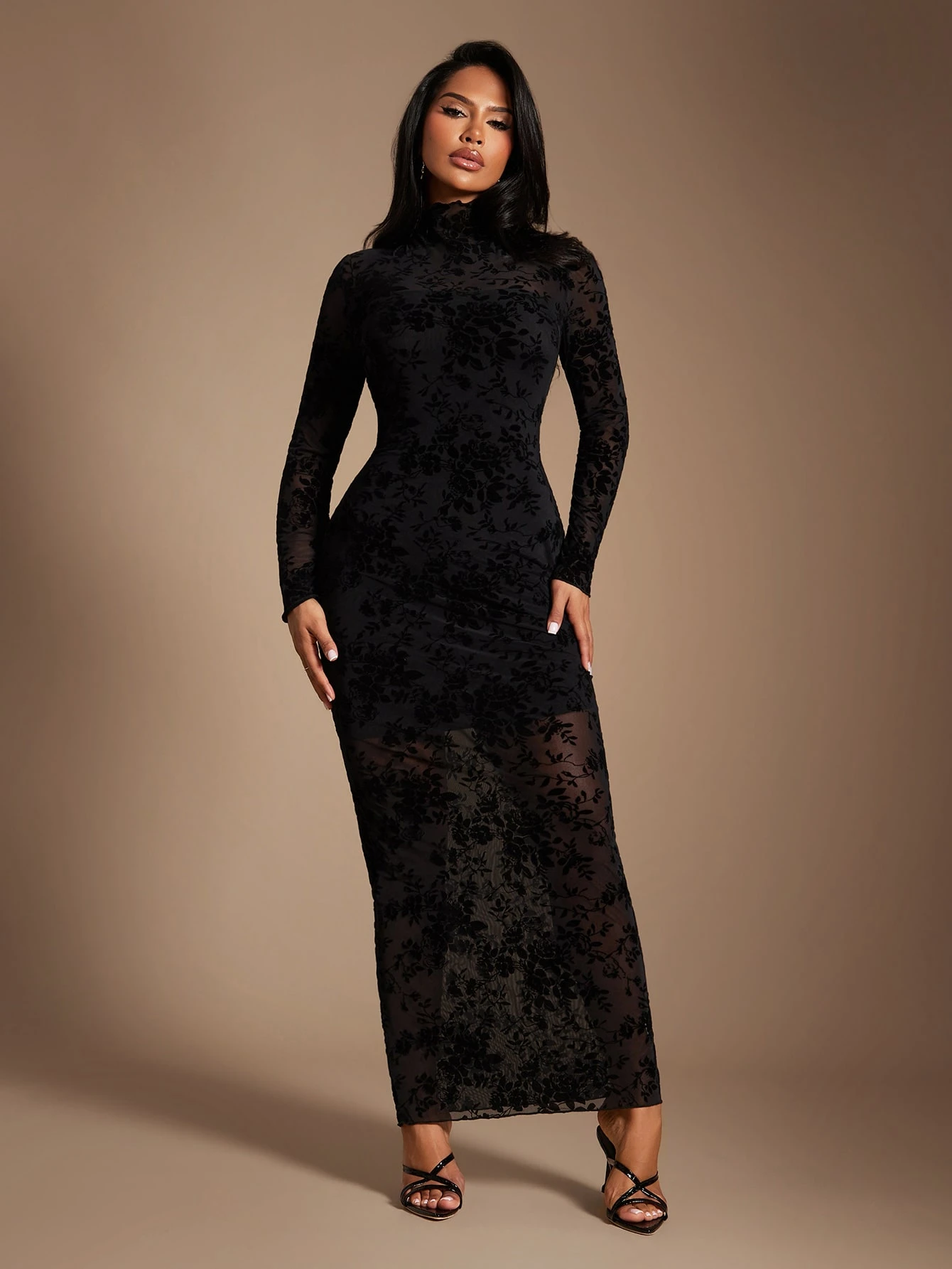 Radiana Robe élégante et digne en maille jacquard floquée noire pour femmes, robe ajustée — vue 3