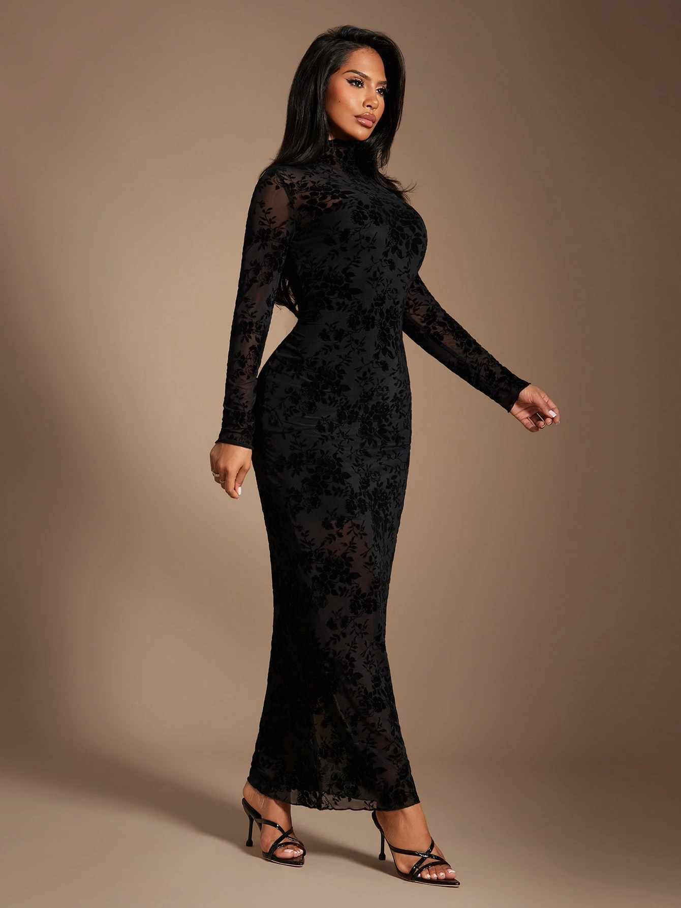 Radiana Robe élégante et digne en maille jacquard floquée noire pour femmes, robe ajustée — vue 6