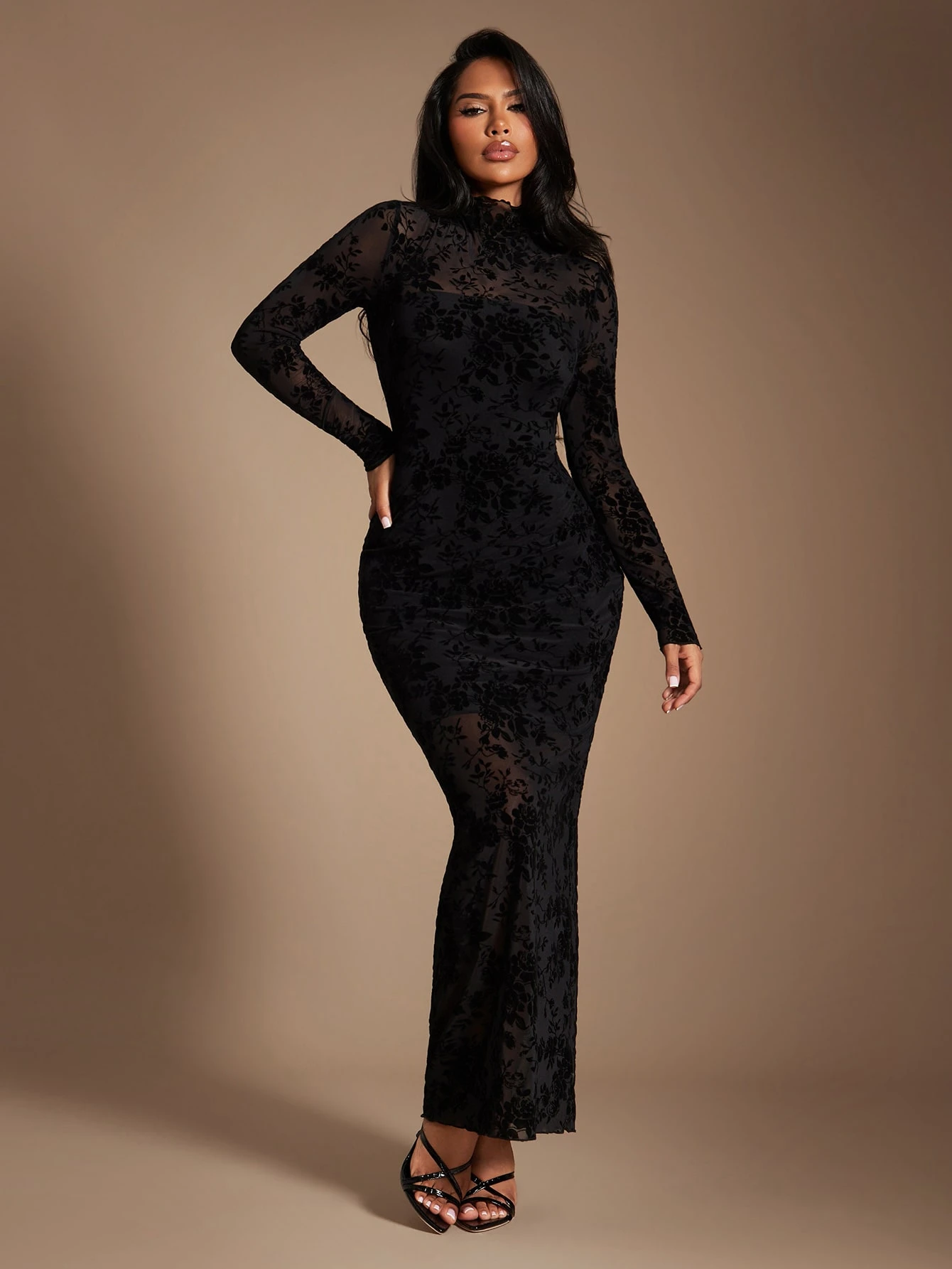 Radiana Robe élégante et digne en maille jacquard floquée noire pour femmes, robe ajustée — vue 5