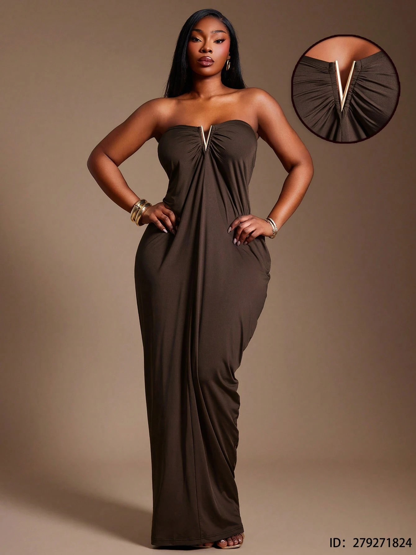 Radiana Robe longue noire élégante grande taille sans bretelles et sans manches avec — vue 4